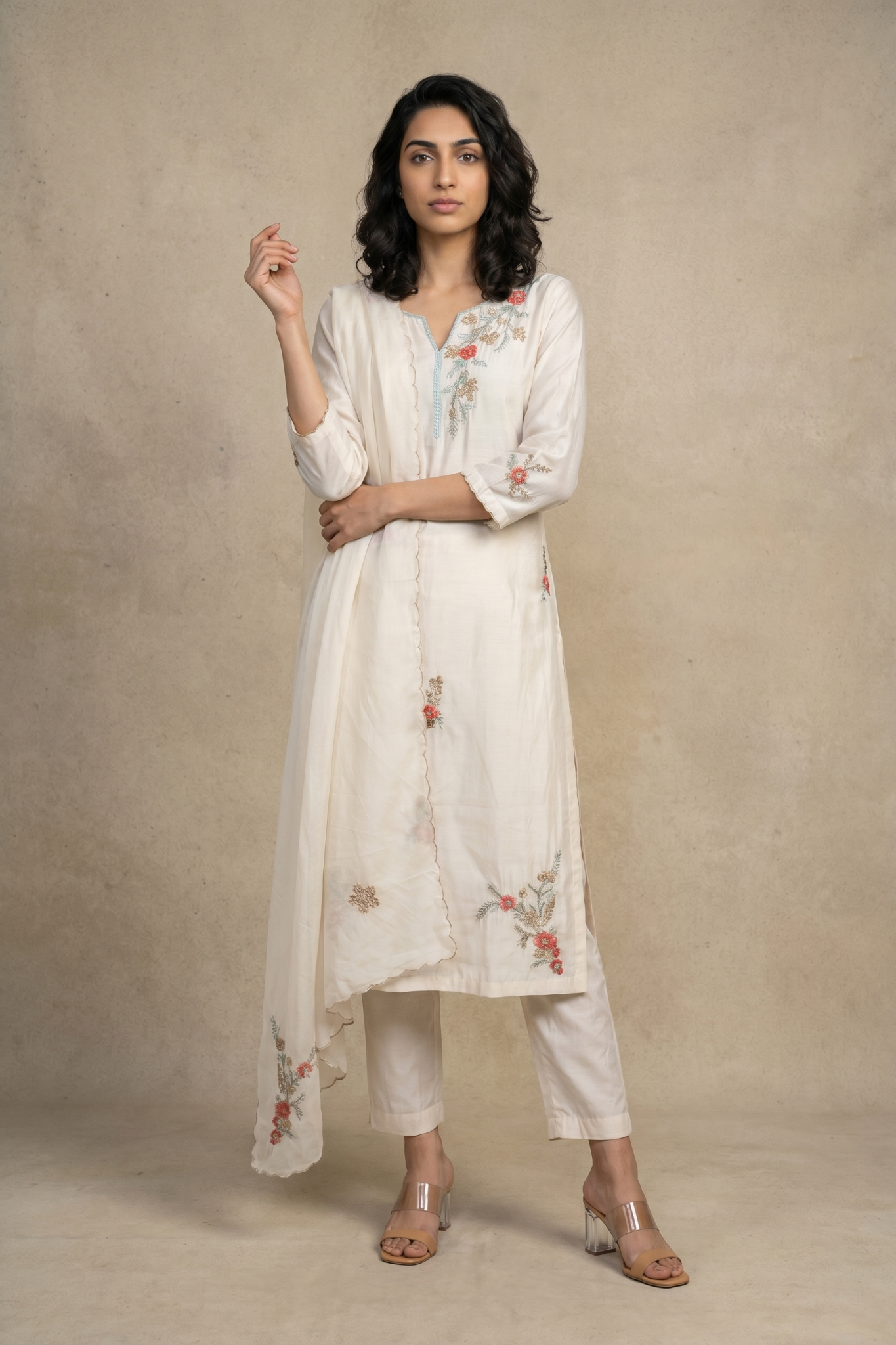 Ivory Floral Embroidered Cotton Salwar Set