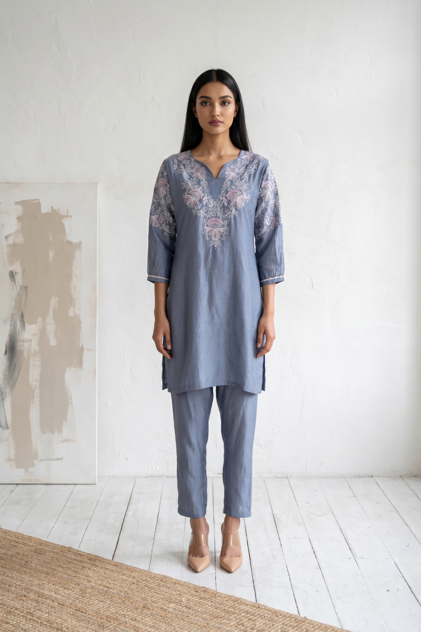 Dusty Blue Embroidered Kurta Set