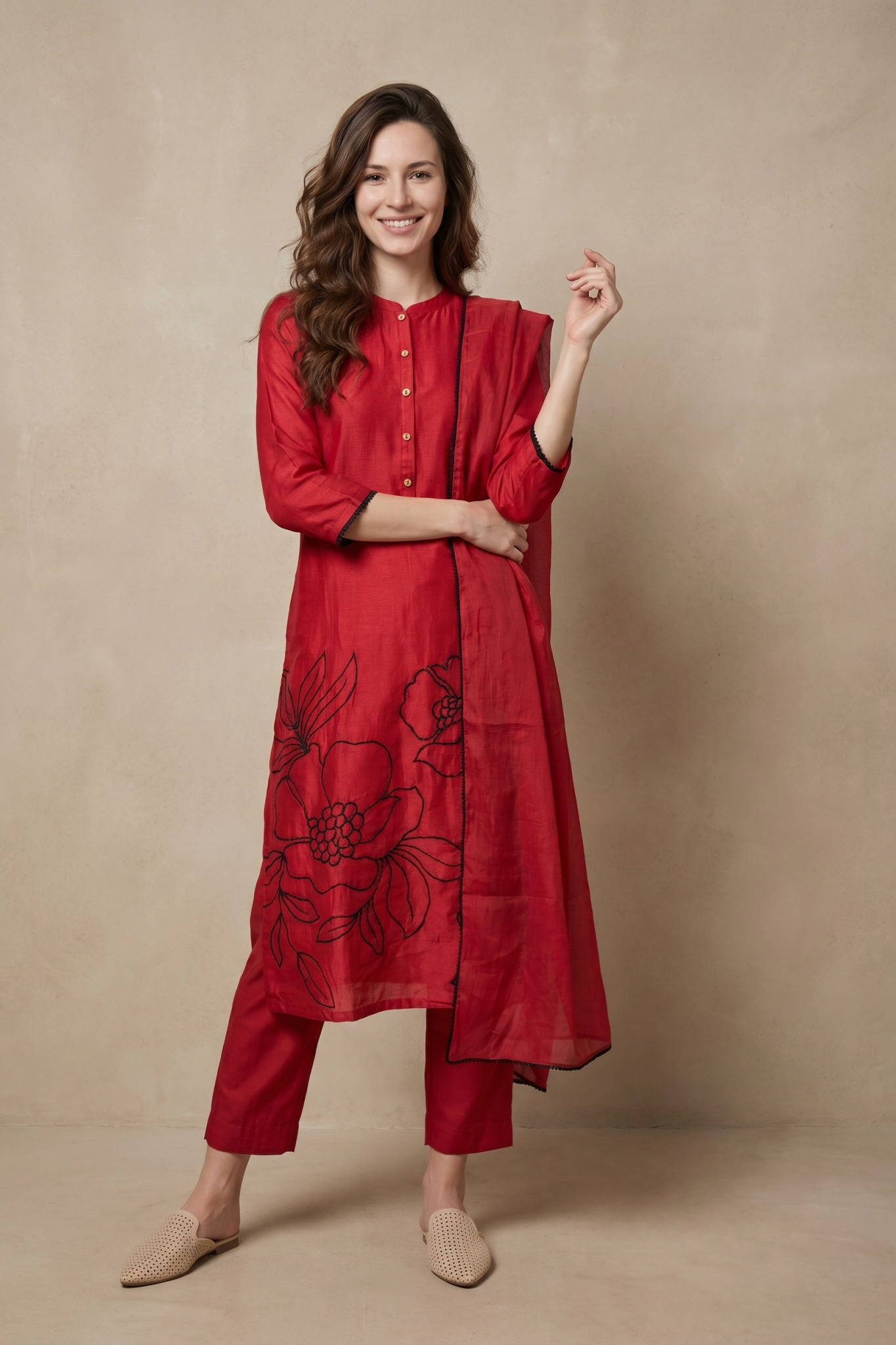 Ruby Red Floral Embroidered Salwar Set