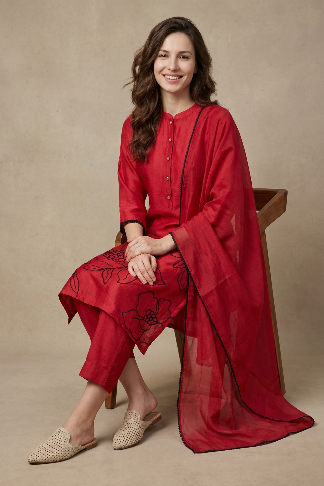 Ruby Red Floral Embroidered Salwar Set