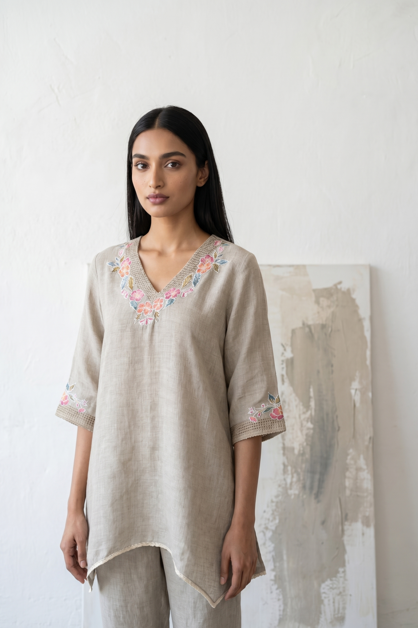 Stone Grey Embroidered Linen Co-ord Set