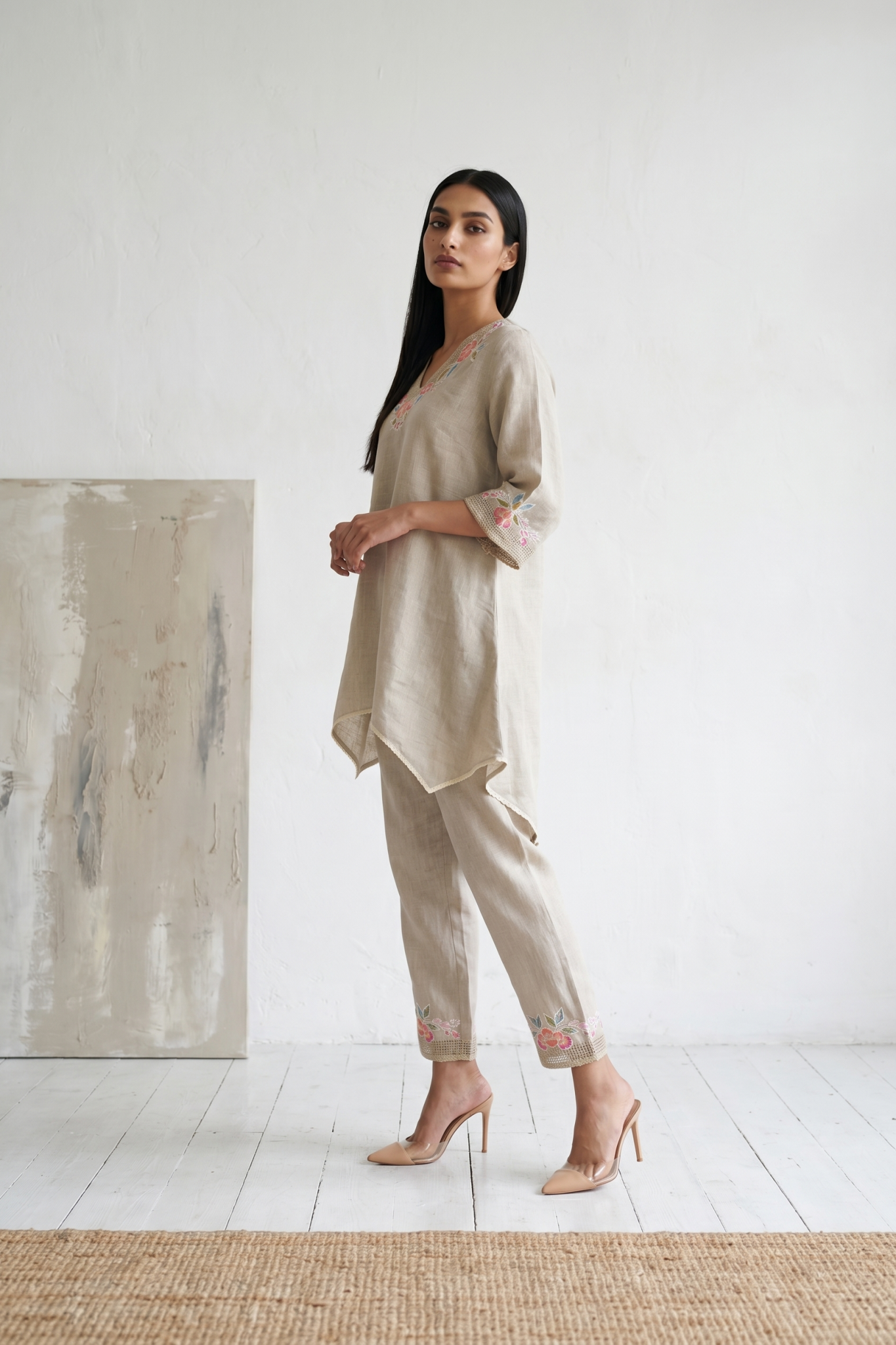 Stone Grey Embroidered Linen Co-ord Set