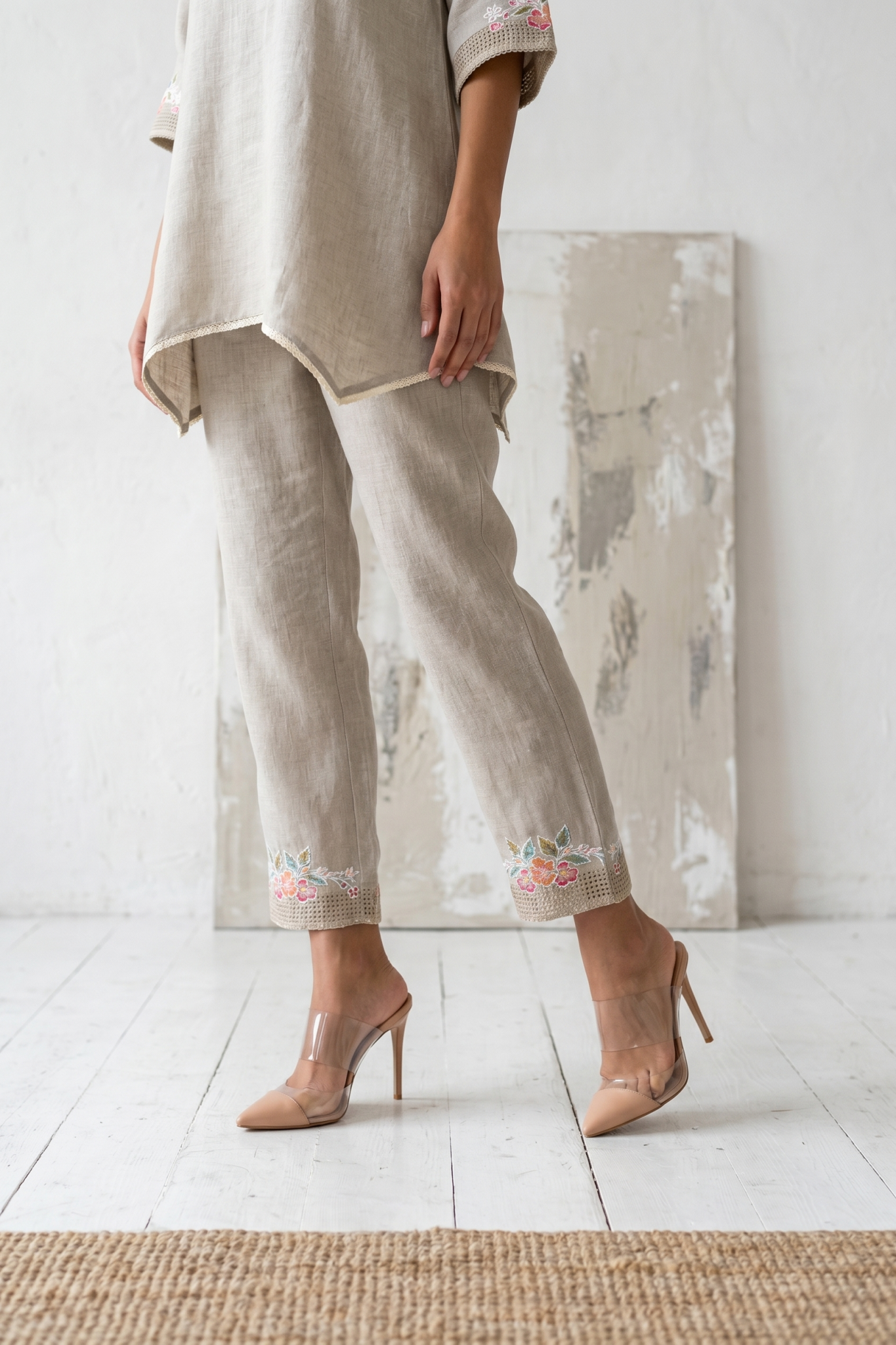 Stone Grey Embroidered Linen Co-ord Set