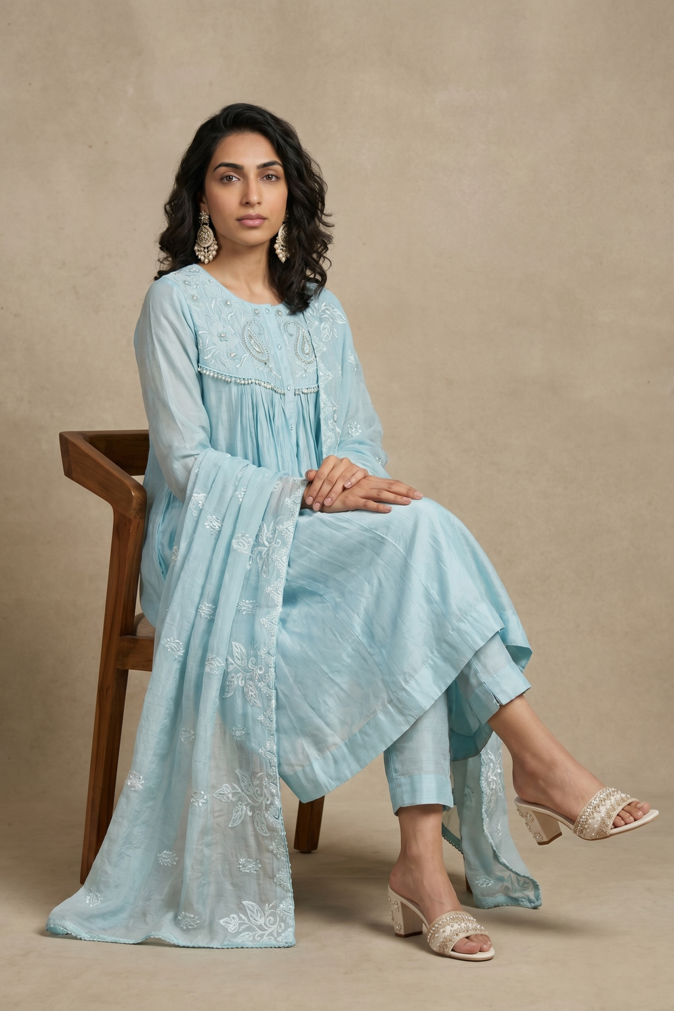 Powder Blue Cotton Anarkali Set