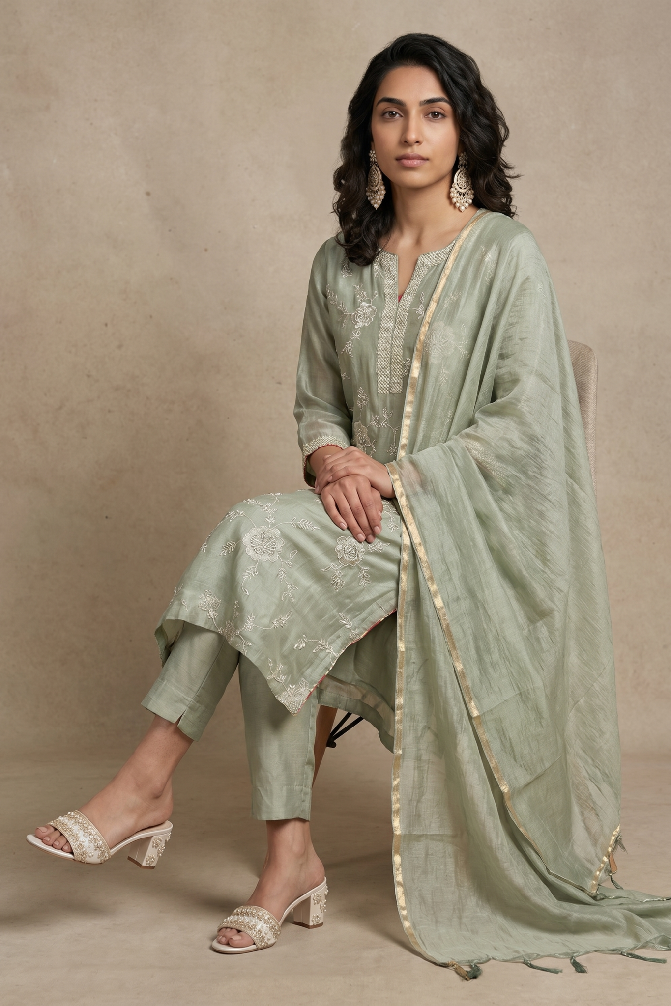 Sage Green Embroidered Cotton Salwar Set