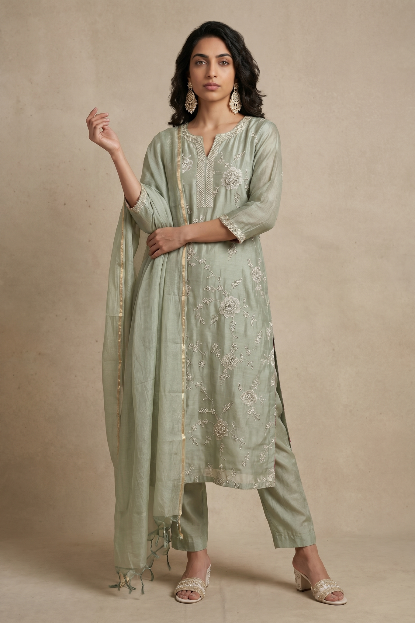 Sage Green Embroidered Cotton Salwar Set