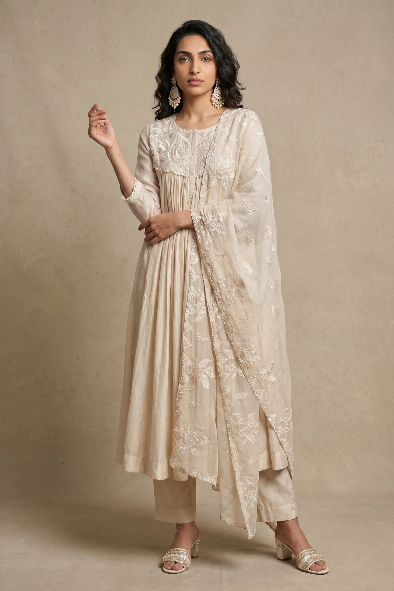 Ivory Beige Cotton Anarkali Set