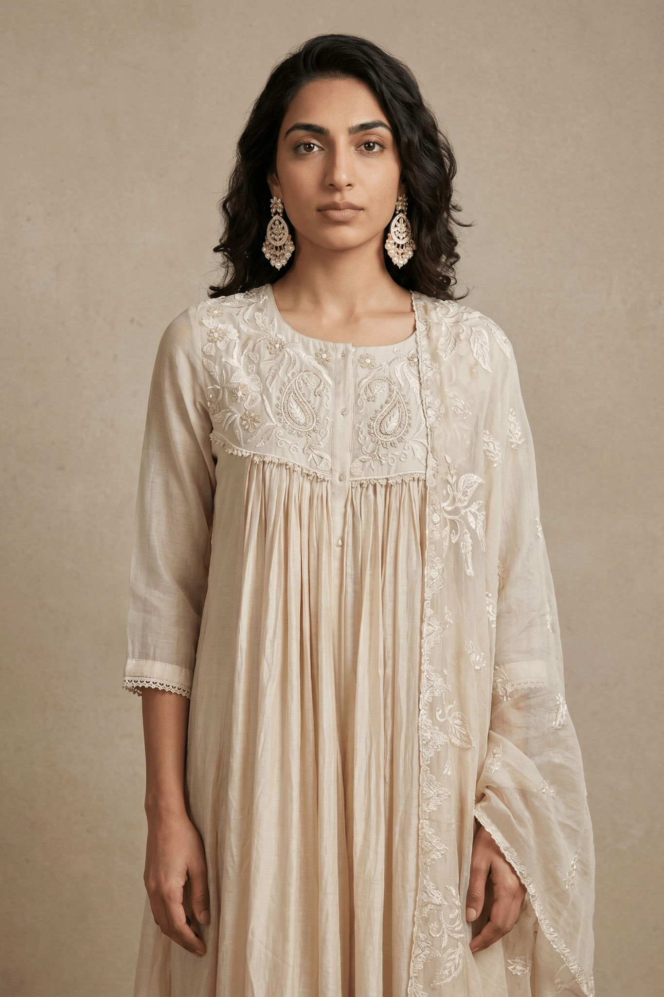 Ivory Beige Cotton Anarkali Set