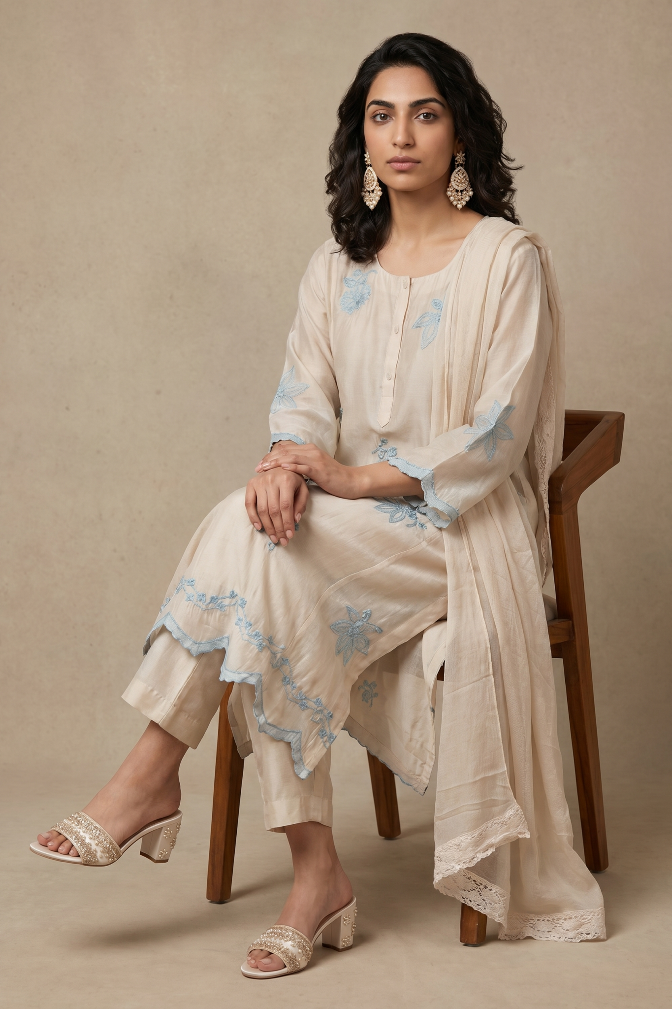 Off White Floral Embroidered Cotton Salwar Set