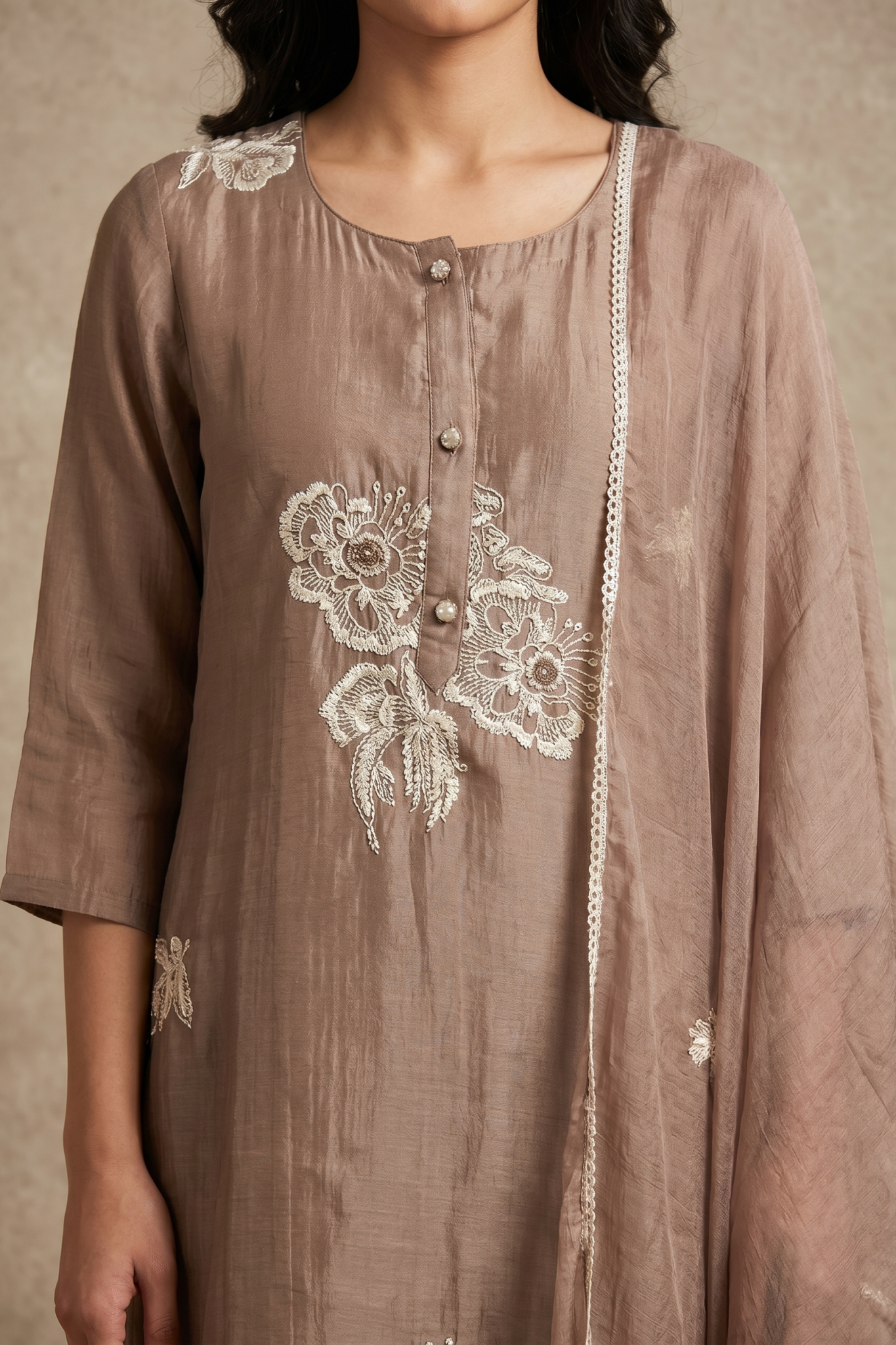 Taupe Floral Embroidered Cotton Salwar Set