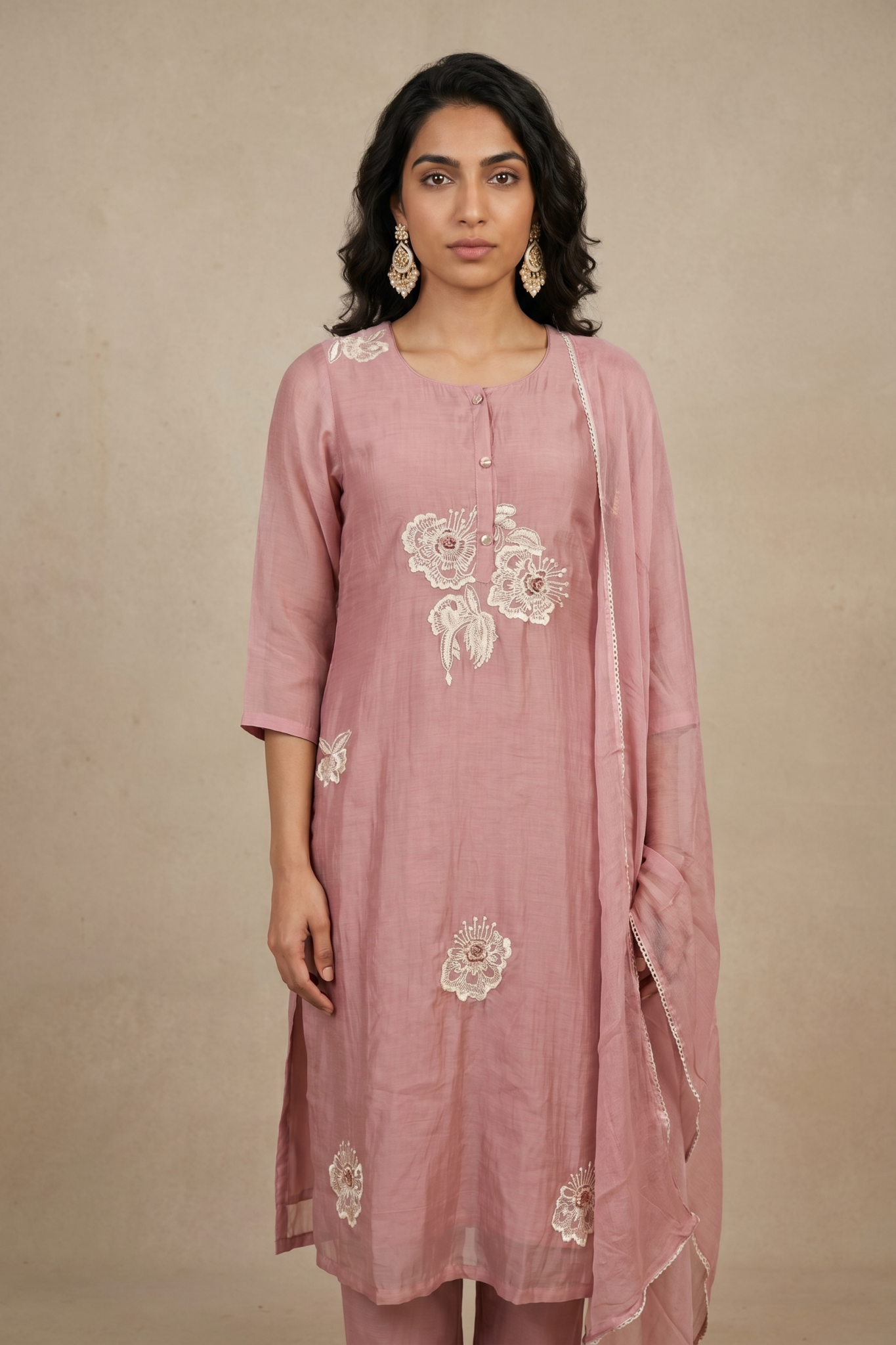 Dusty Pink Floral Embroidered Cotton Salwar Set