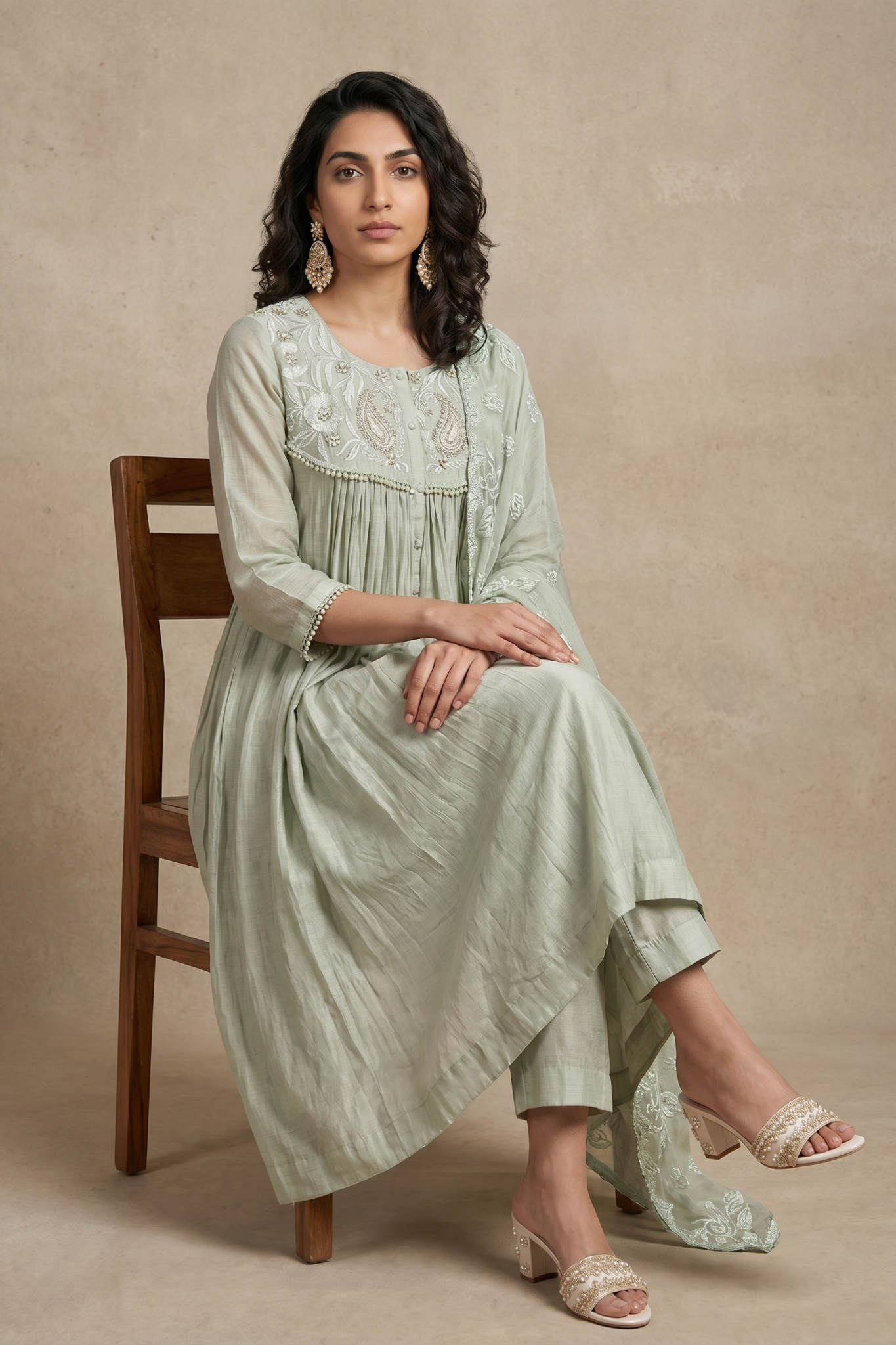Sage Green Embroidered Cotton Anarkali Set