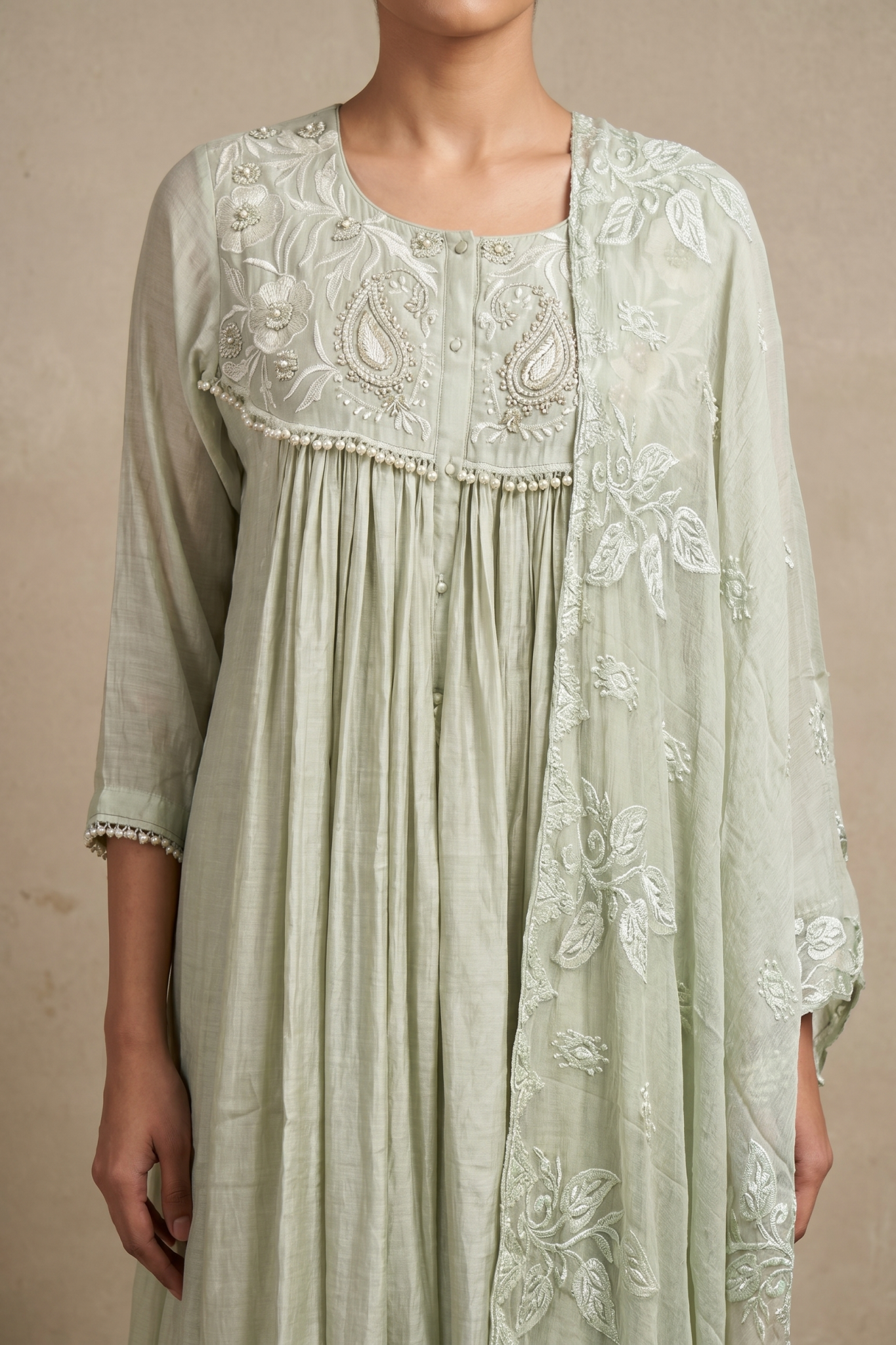 Sage Green Embroidered Cotton Anarkali Set