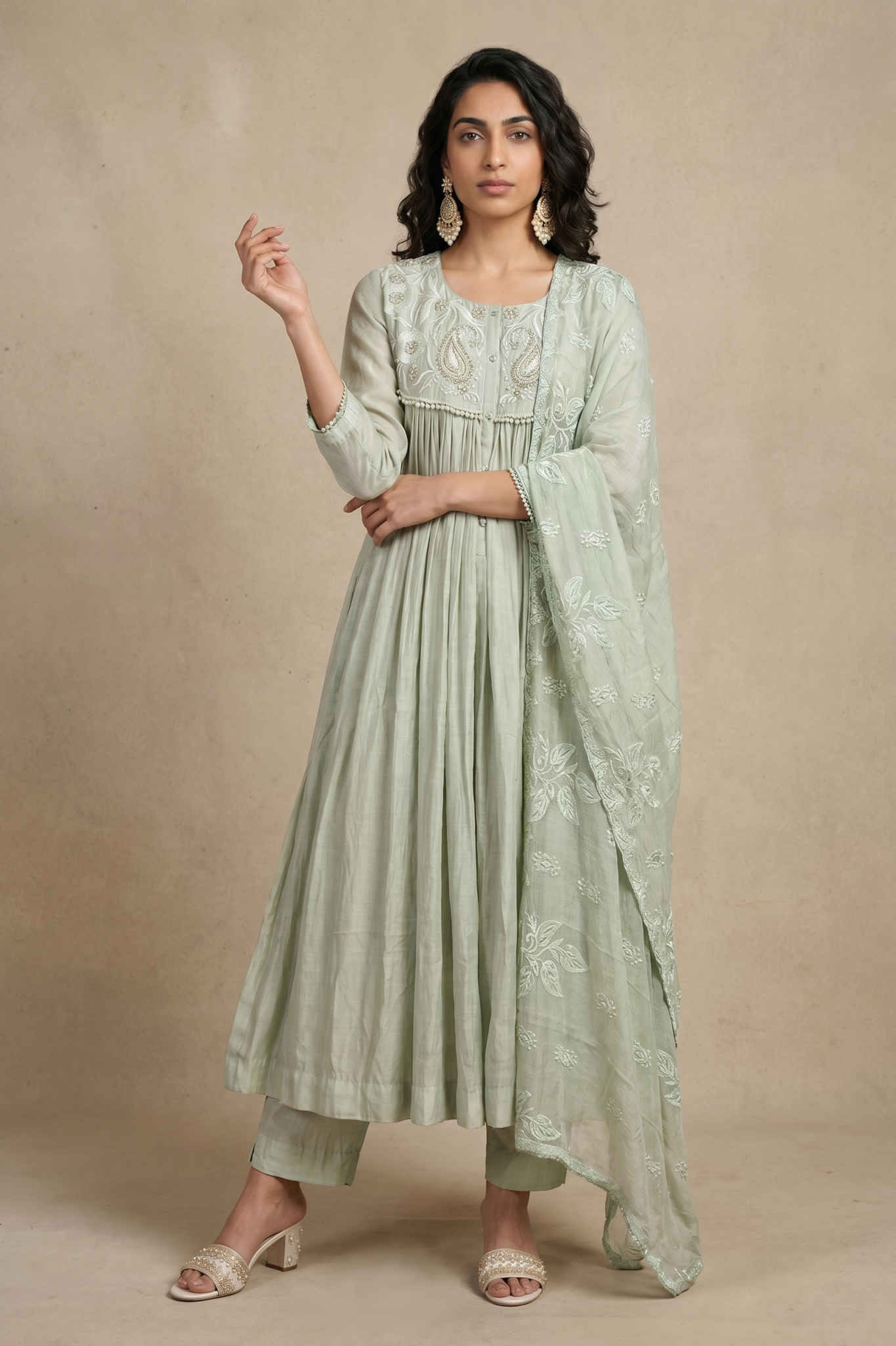 Sage Green Embroidered Cotton Anarkali Set
