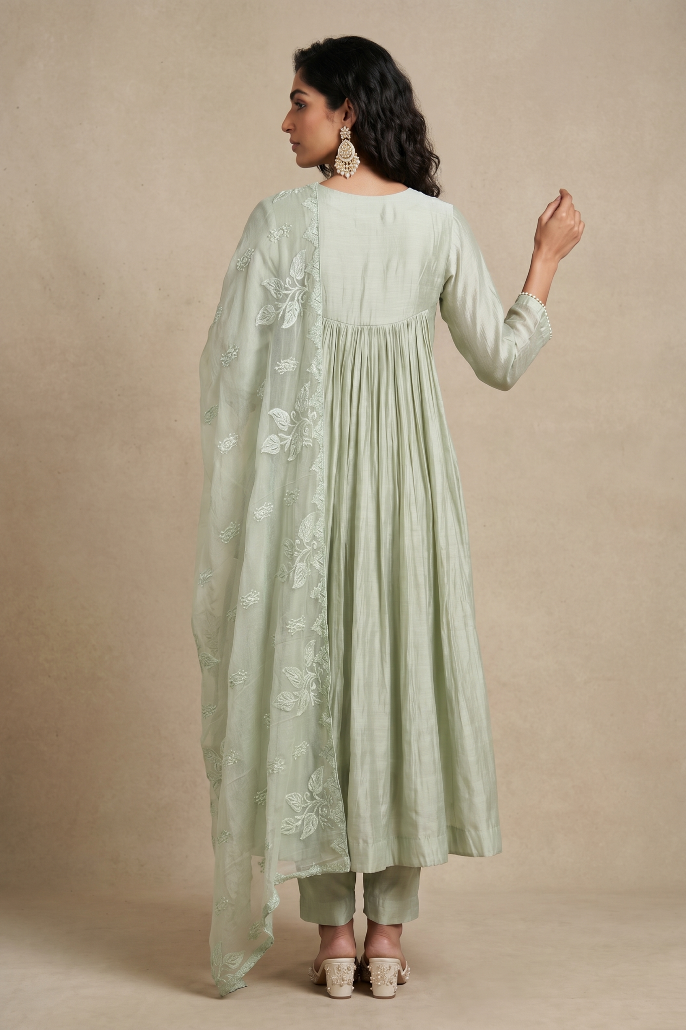 Sage Green Embroidered Cotton Anarkali Set