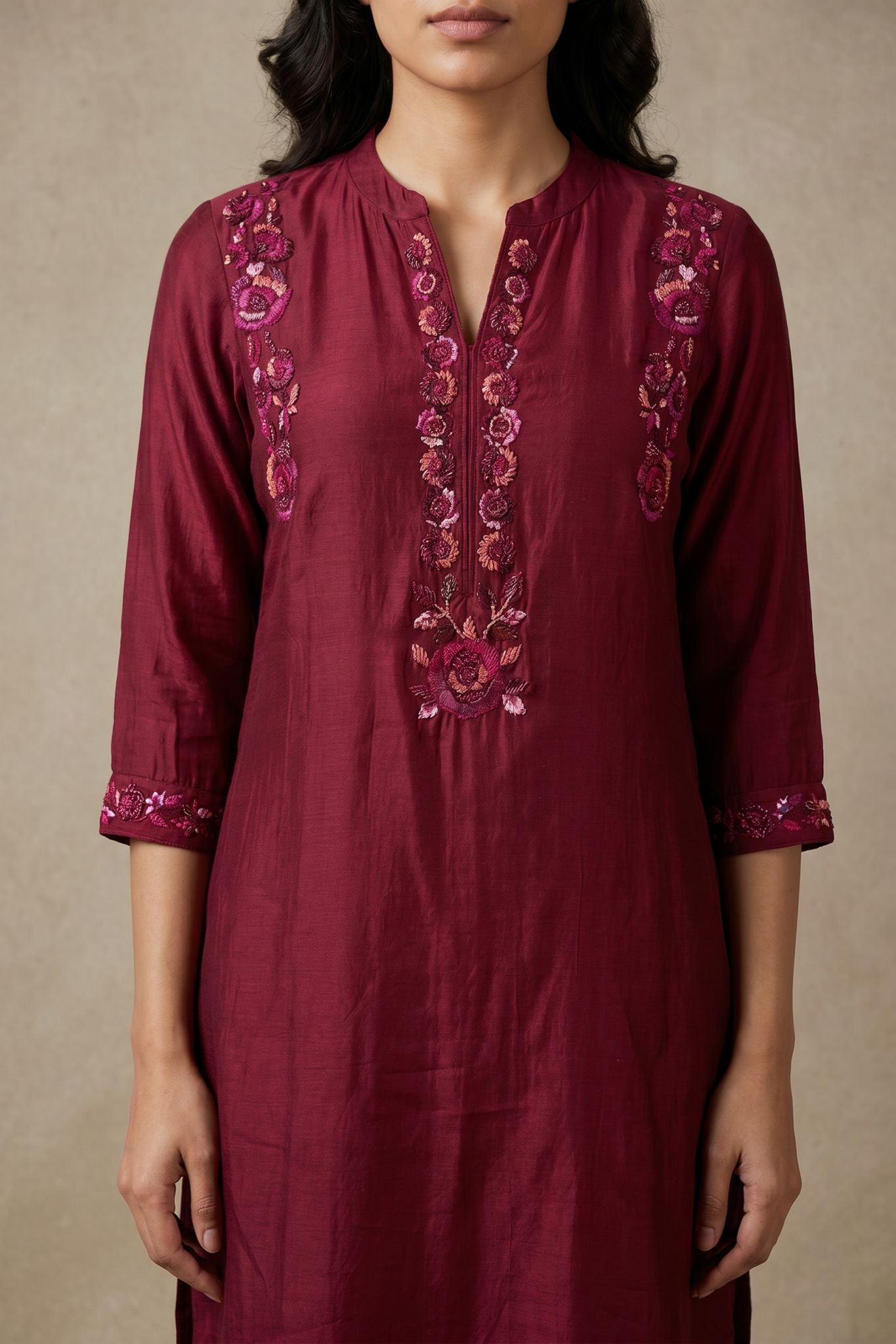 Maroon Embroidered Mulmul Cotton Straight-Cut Salwar Set