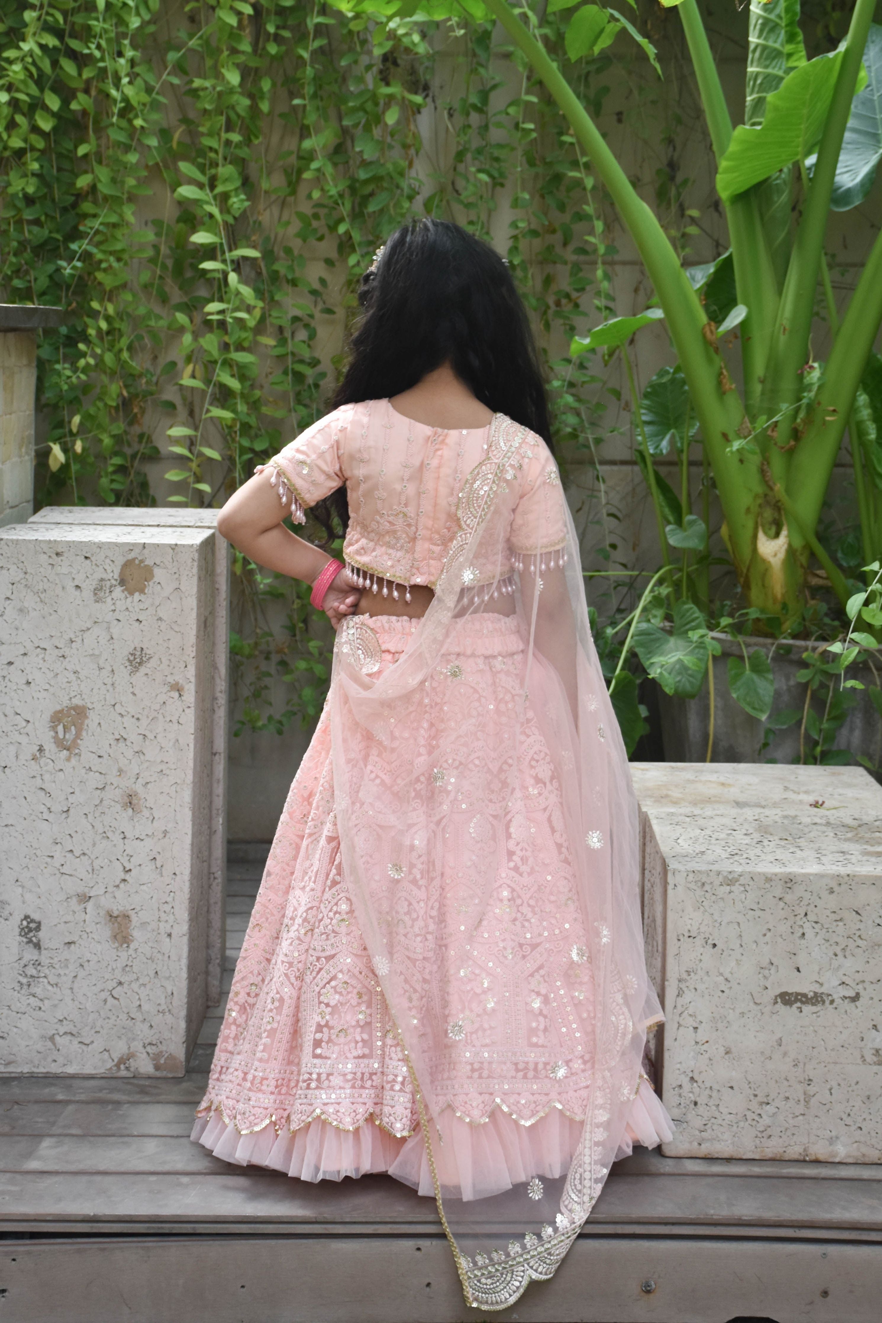 Peach Thread Lehenga for Girls - Mokshaa