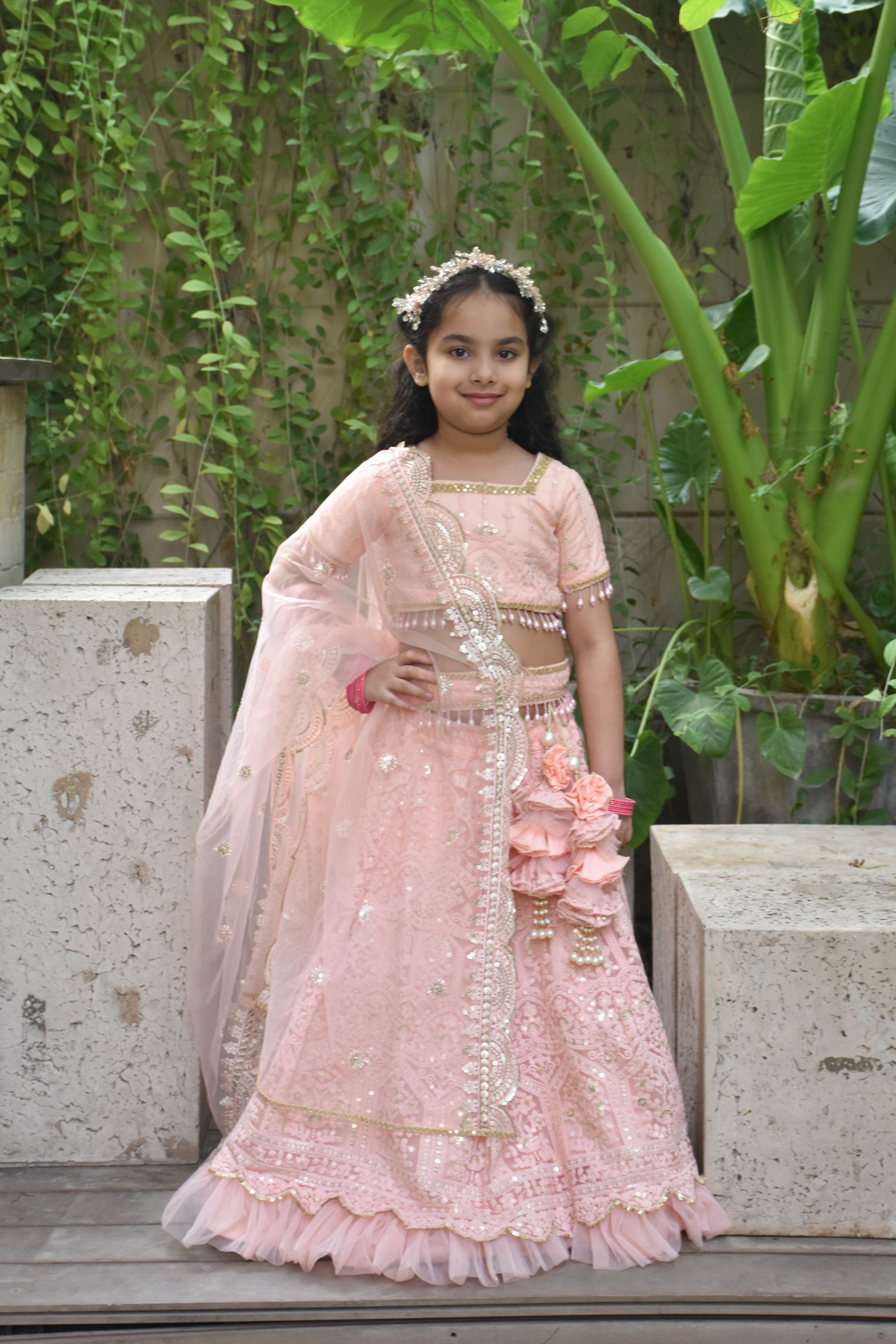 Peach Thread Lehenga for Girls - Mokshaa