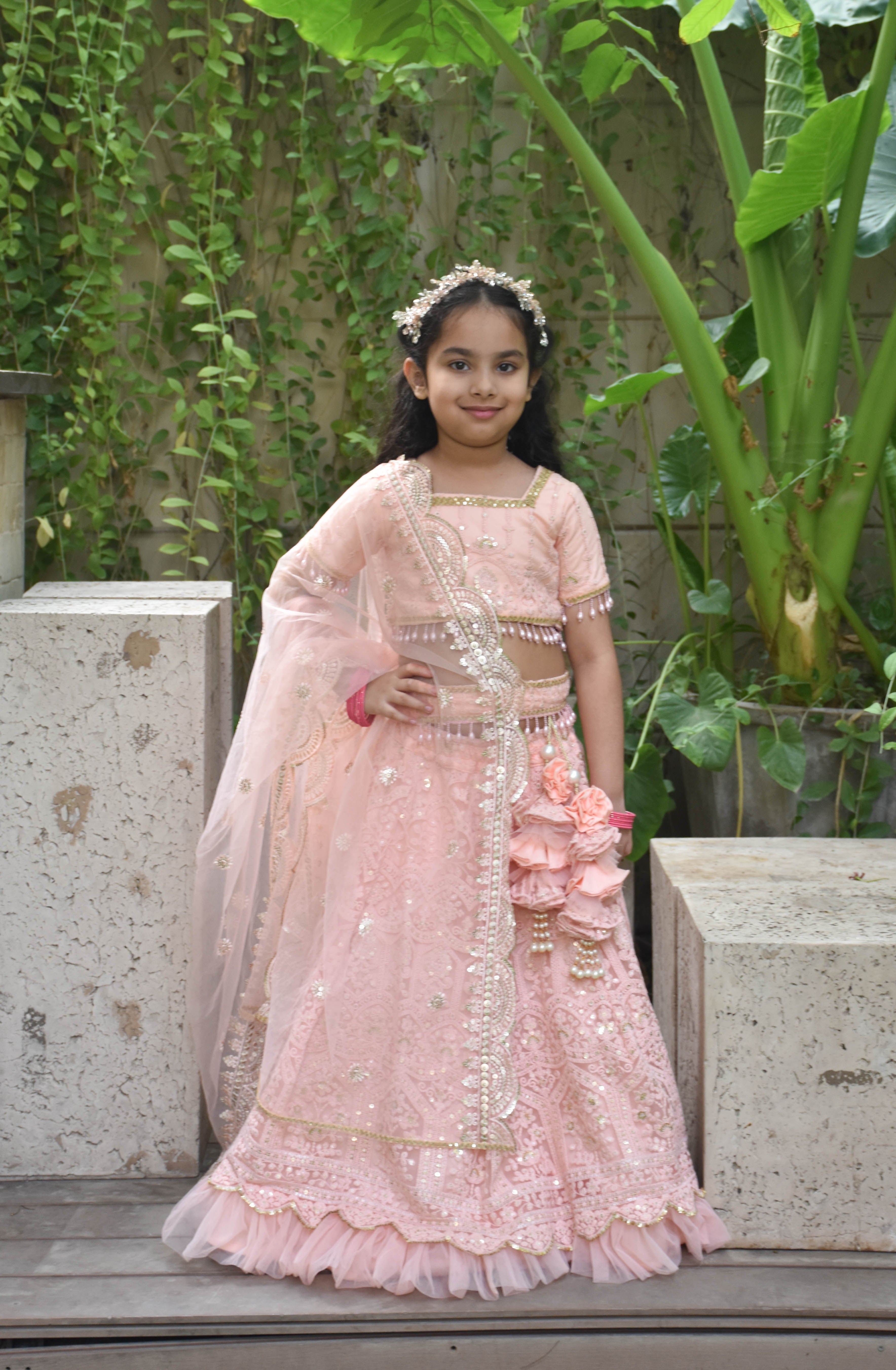 Peach Thread Lehenga for Girls