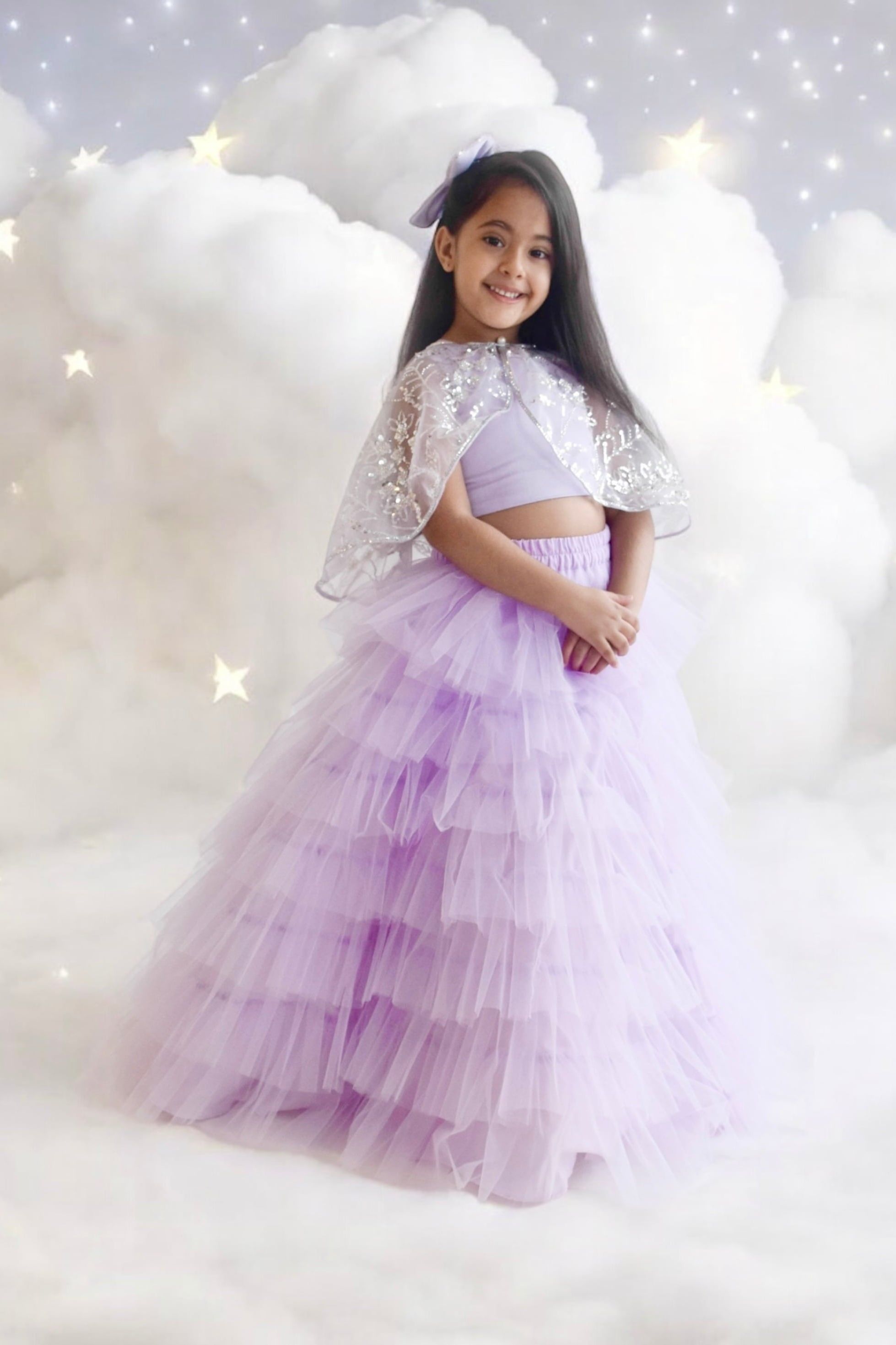 Lilac Crop Top Skirt with Cape - Mokshaa