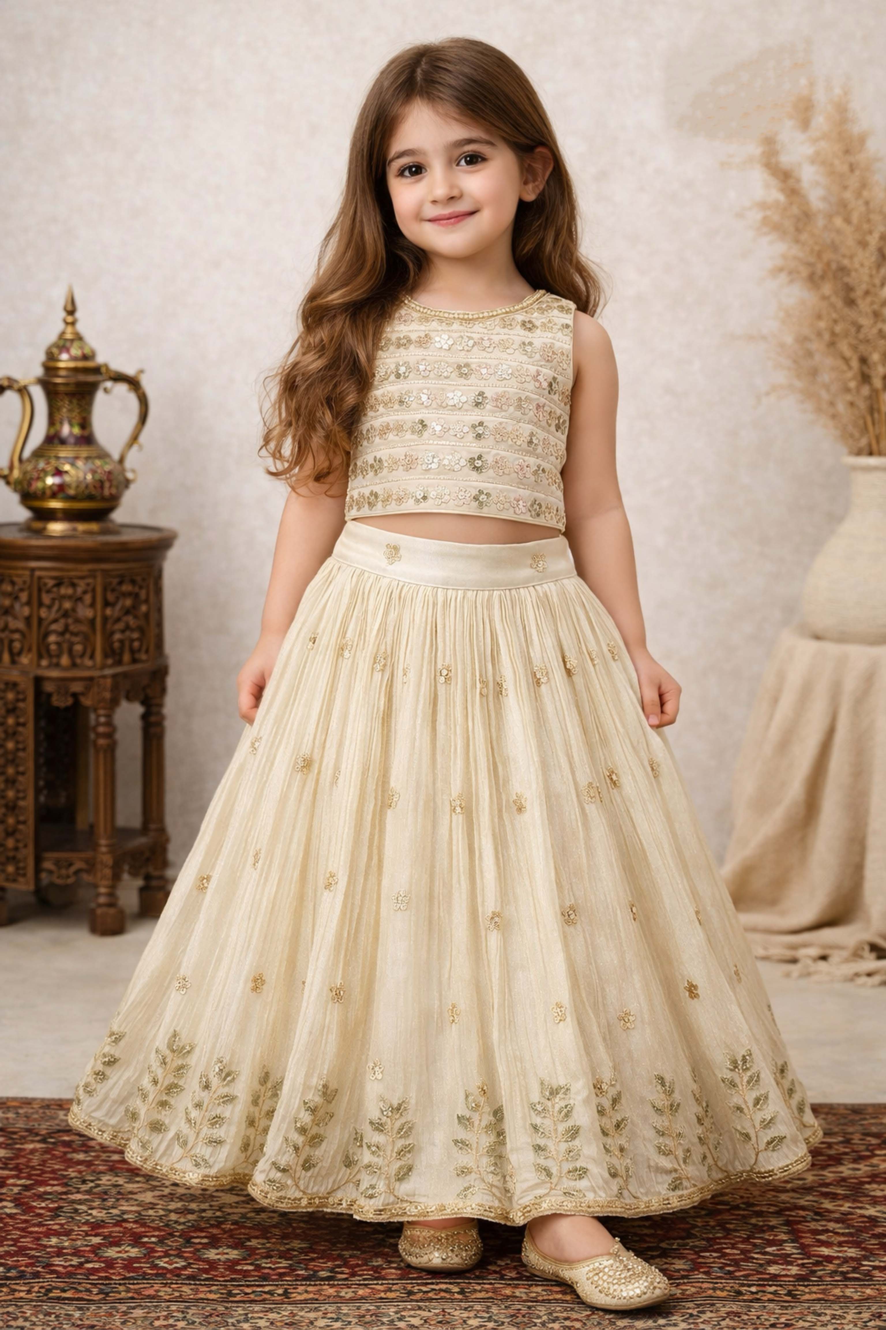 Cream Multicolour Floral Stripe Embroidered Crop Choli & Lehenga Set for Girls