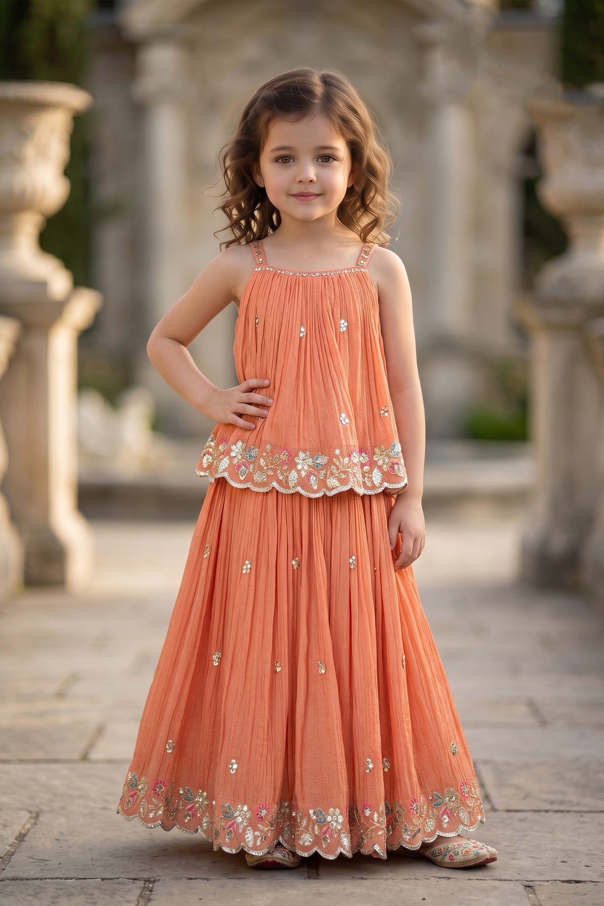 Peach Embroidered Peplum Lehenga Set