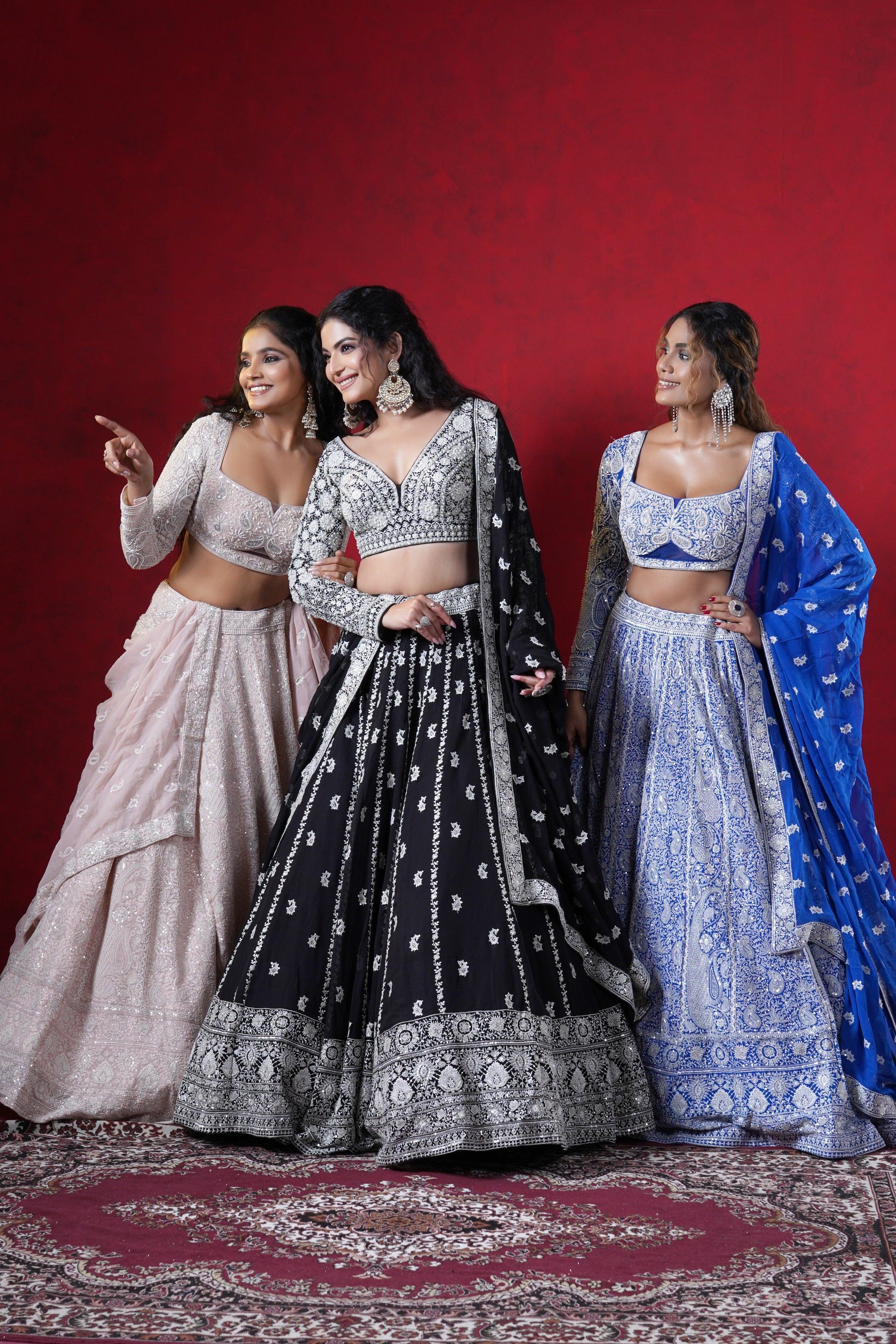 Royal Blue Thread Embroidered Lehenga with Intricate Resham and Pearl Detailing  Mokshaa
