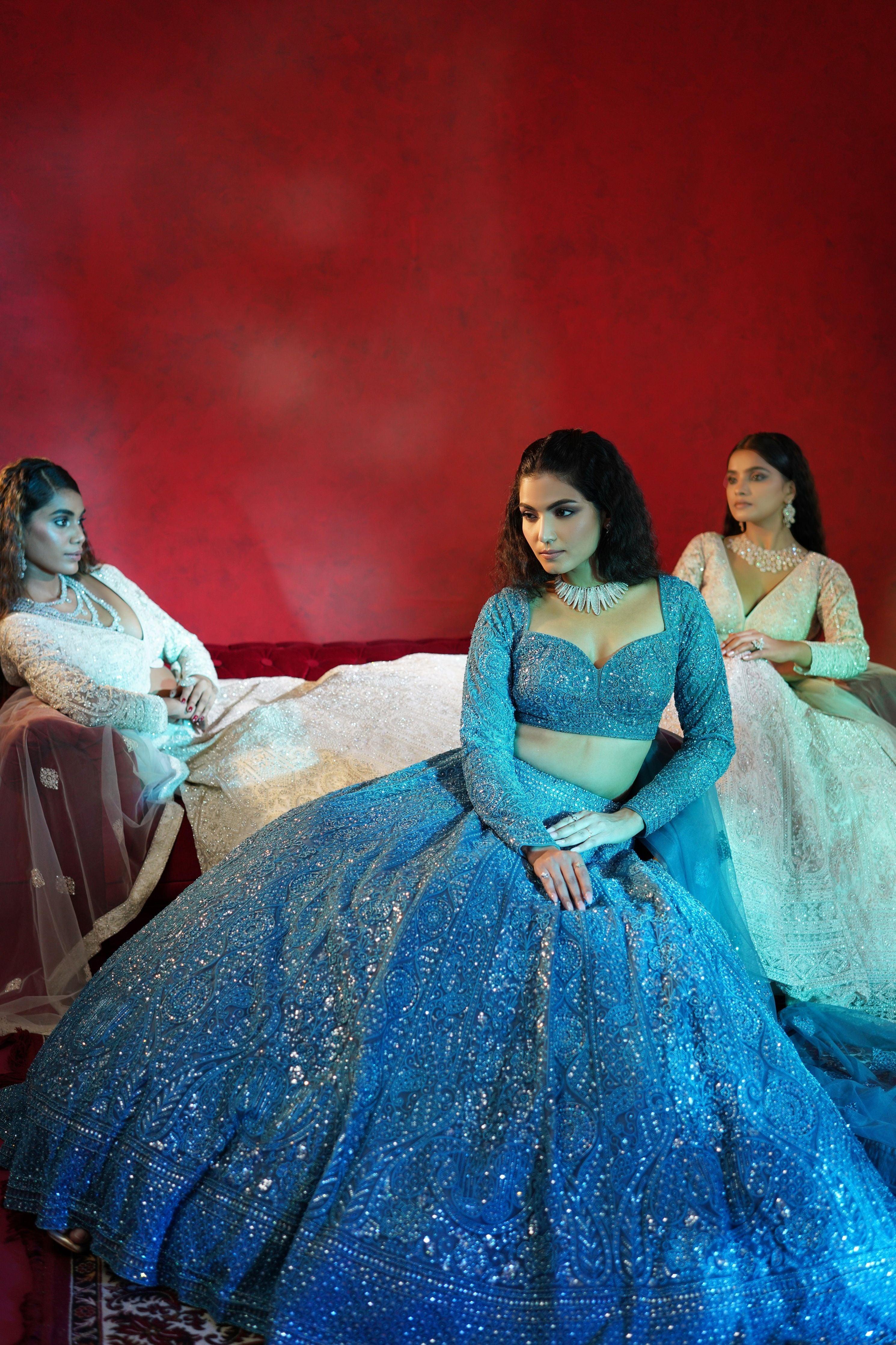 Midnight Blue Net Lehenga with Intricate Sequin & Thread Embroidery  Mokshaa