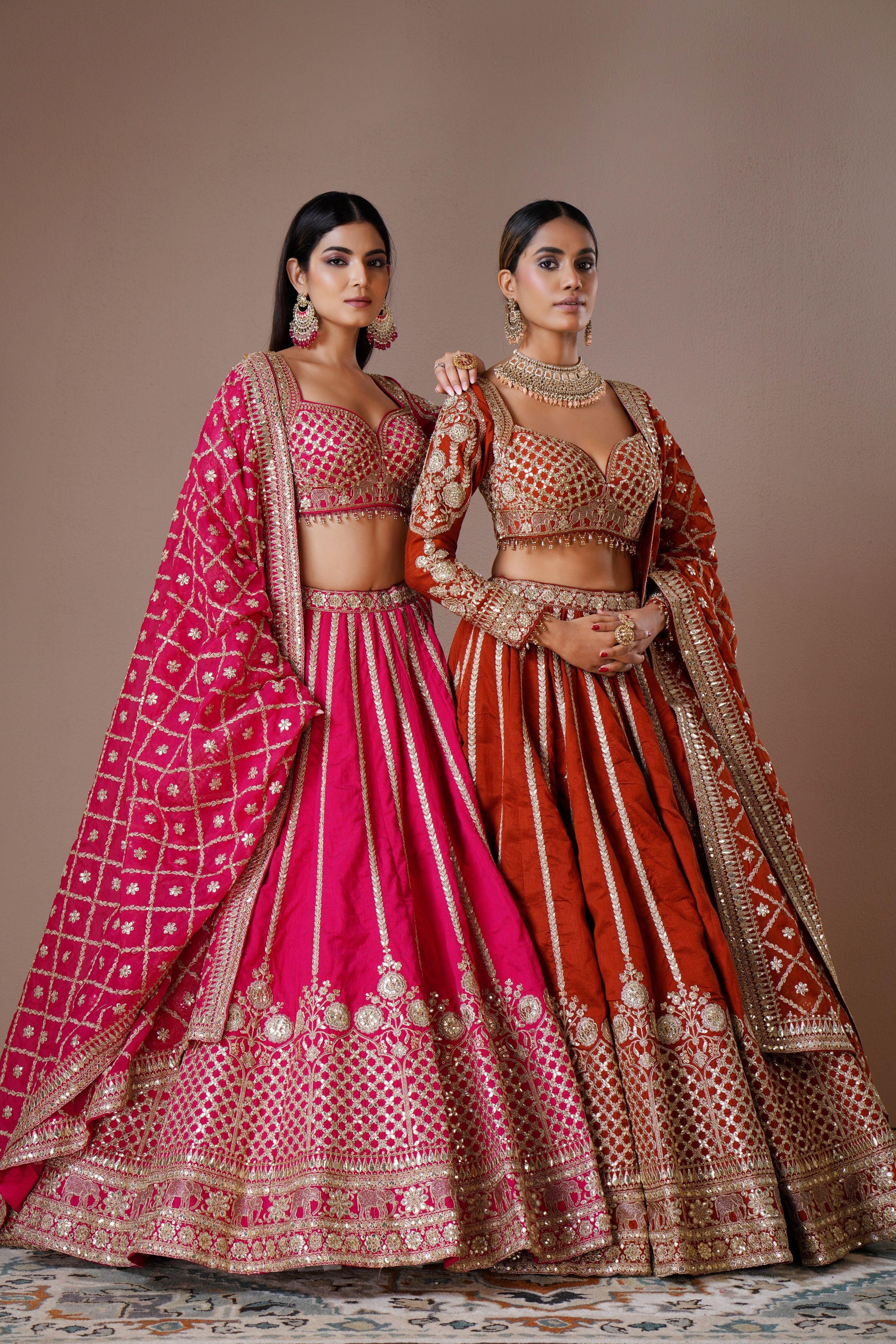 Fuchsia Pink Raw Silk Lehenga with Mirror and Zardosi Embroidery  Mokshaa