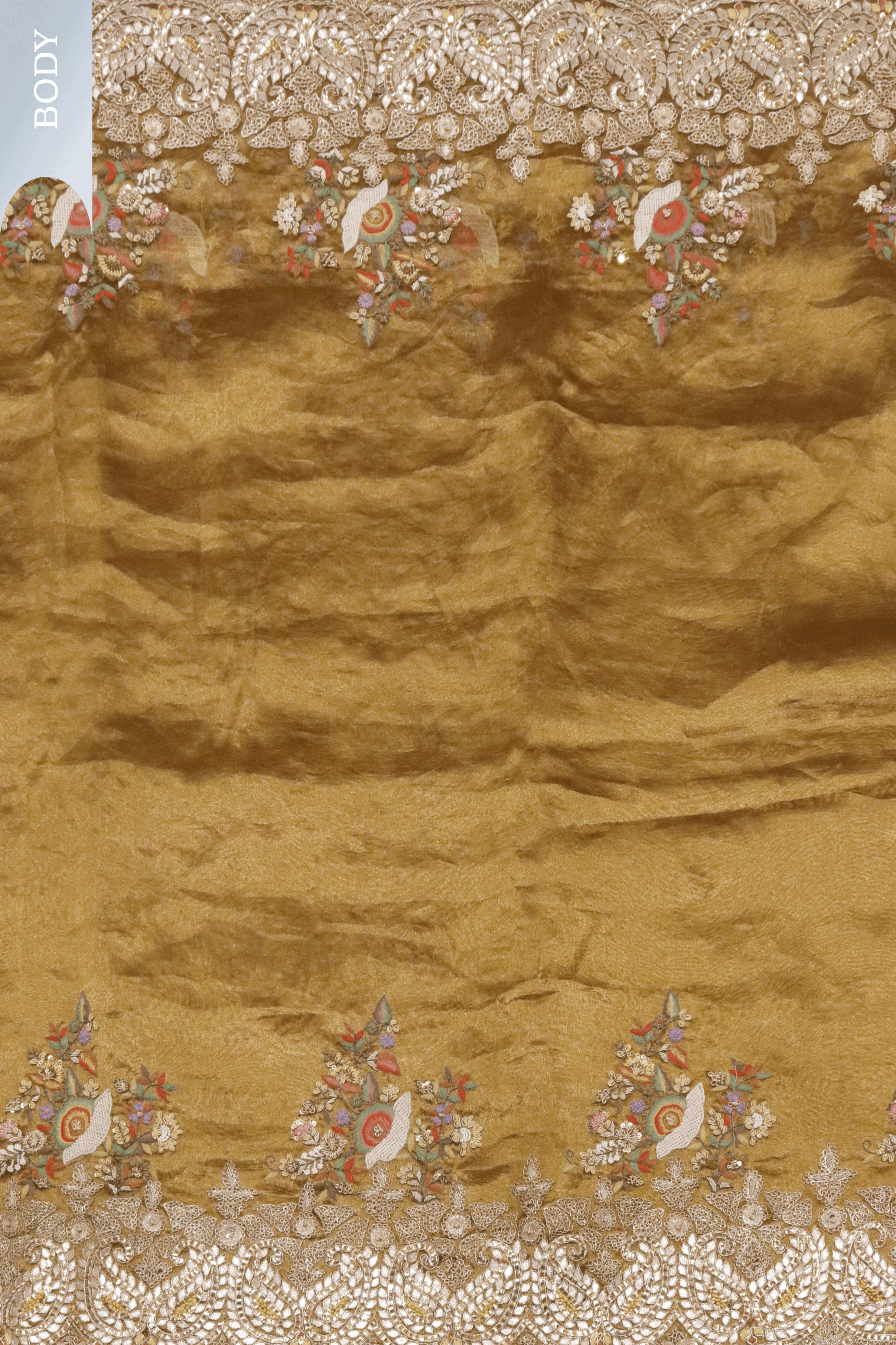 Gold Tissue Organza Saree with Gota & French Knot Work.