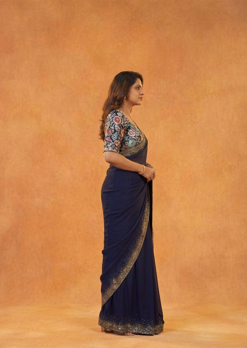 Navy Blue Chiffon Saree with Sequin Border & Multi-Embroidery Blouse