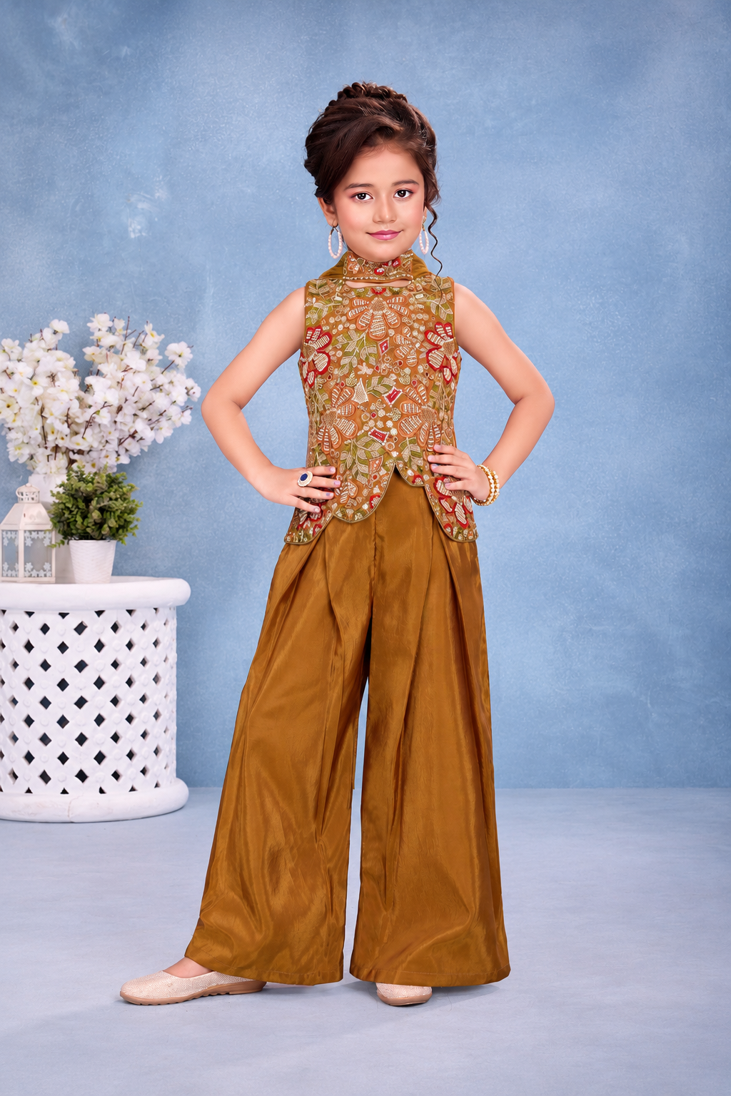 Rust Gold Embroidered Girls' Palazzo Set