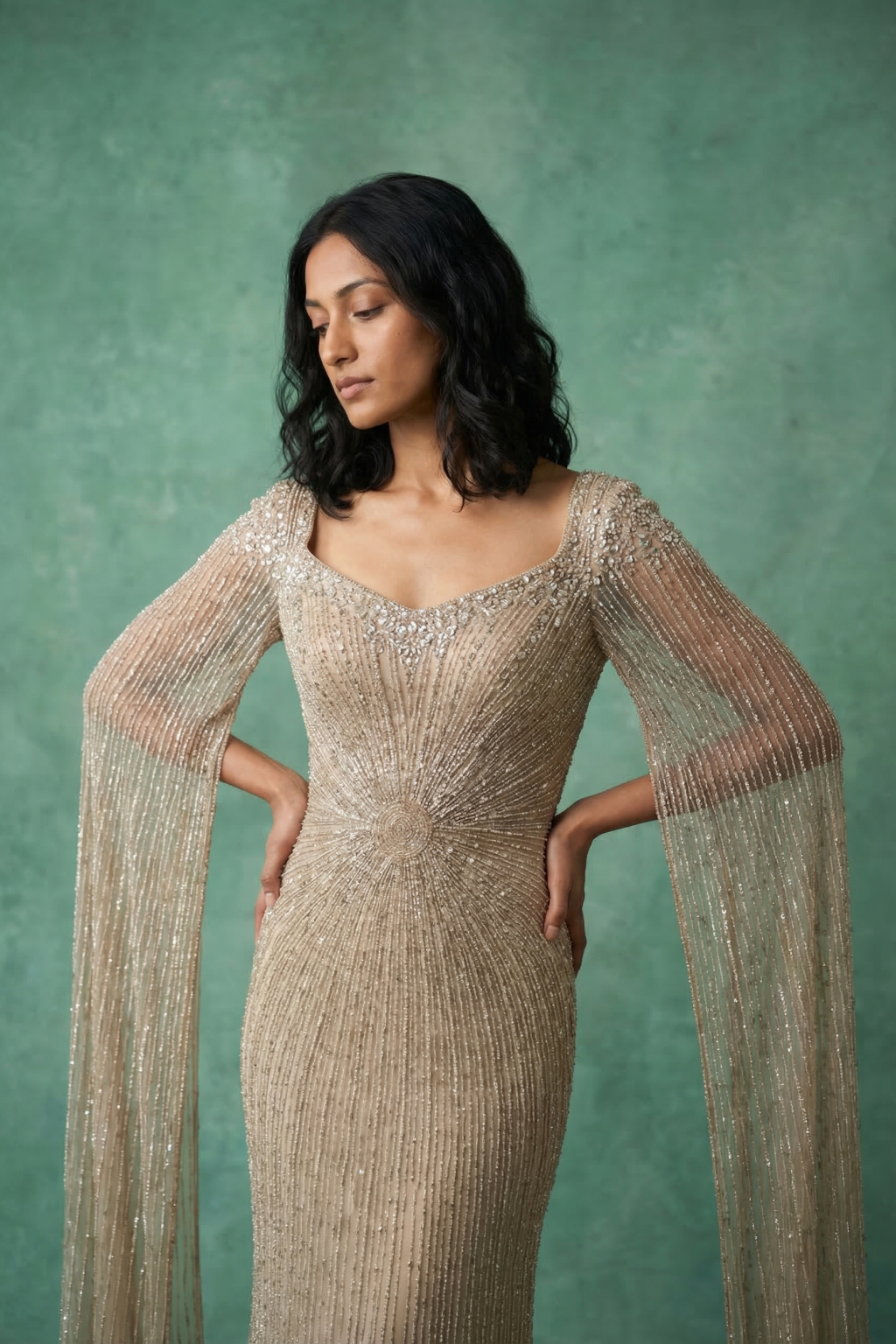 Champagne Embellished Evening Gown