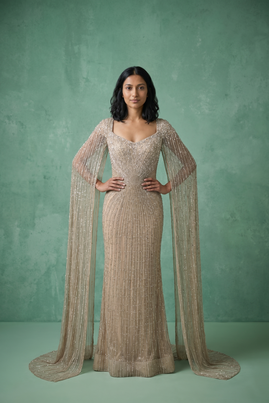 Champagne Embellished Evening Gown