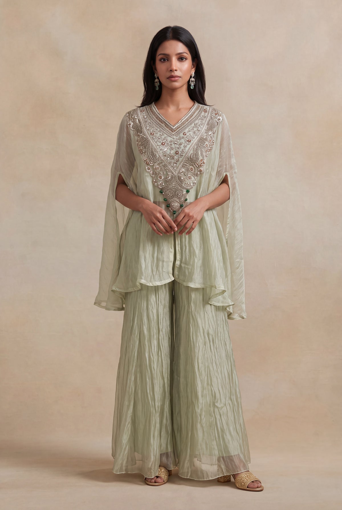 Sage Green Crush Tissue Zardozi Cape Set