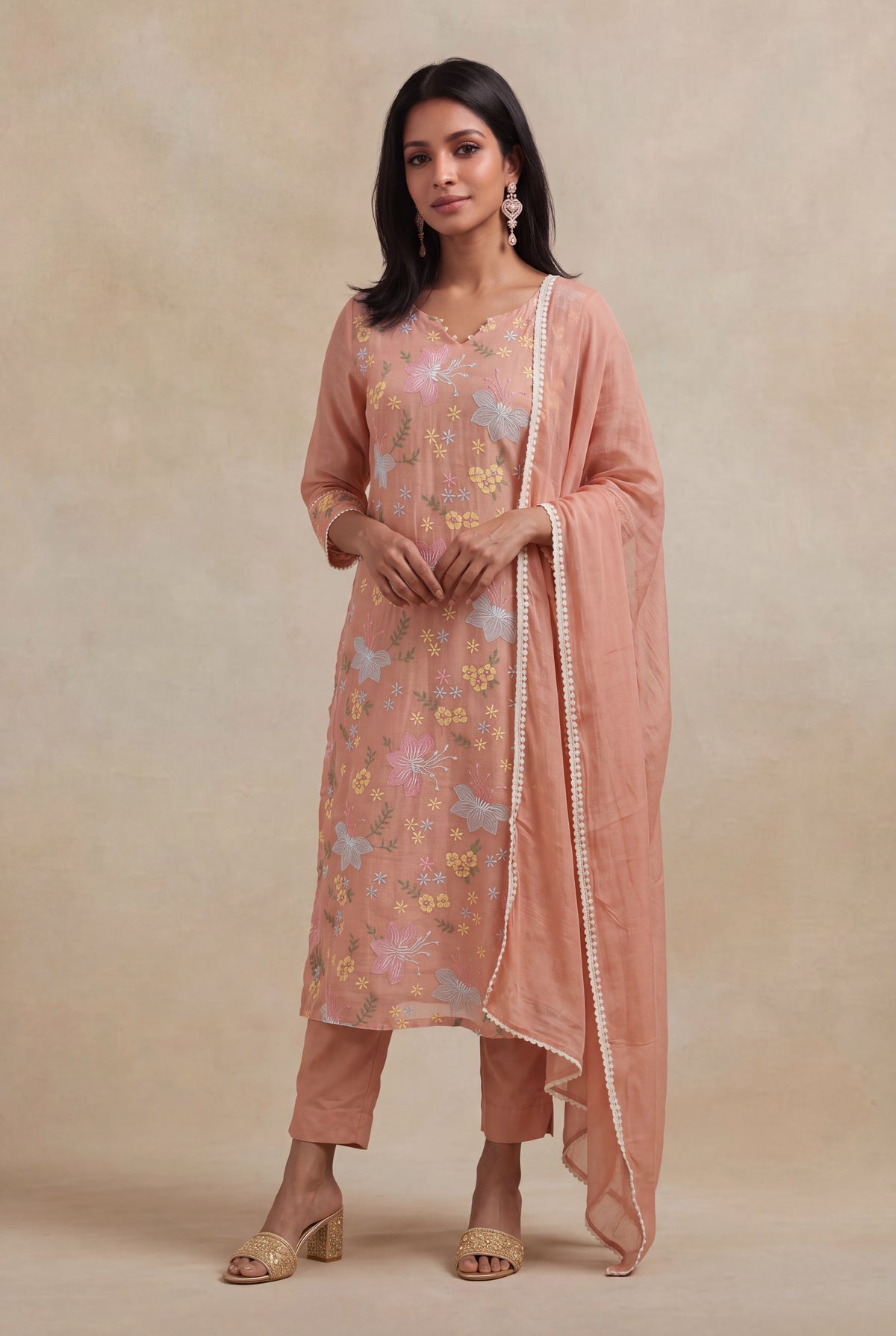 Peach Mul Cotton Embroidered Kurti Set