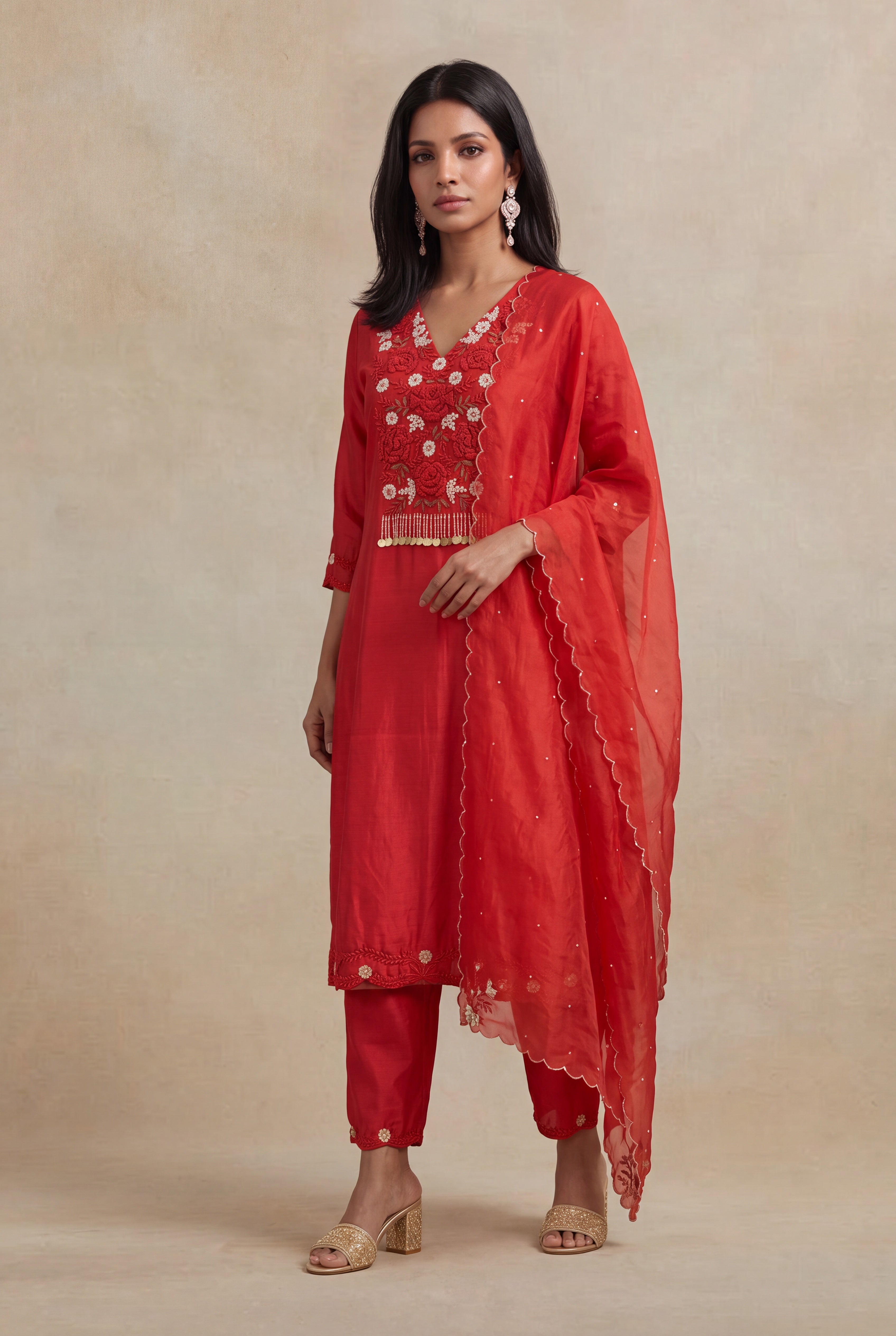 Red Chanderi Silk Embroidered Straight-Cut Salwar Set