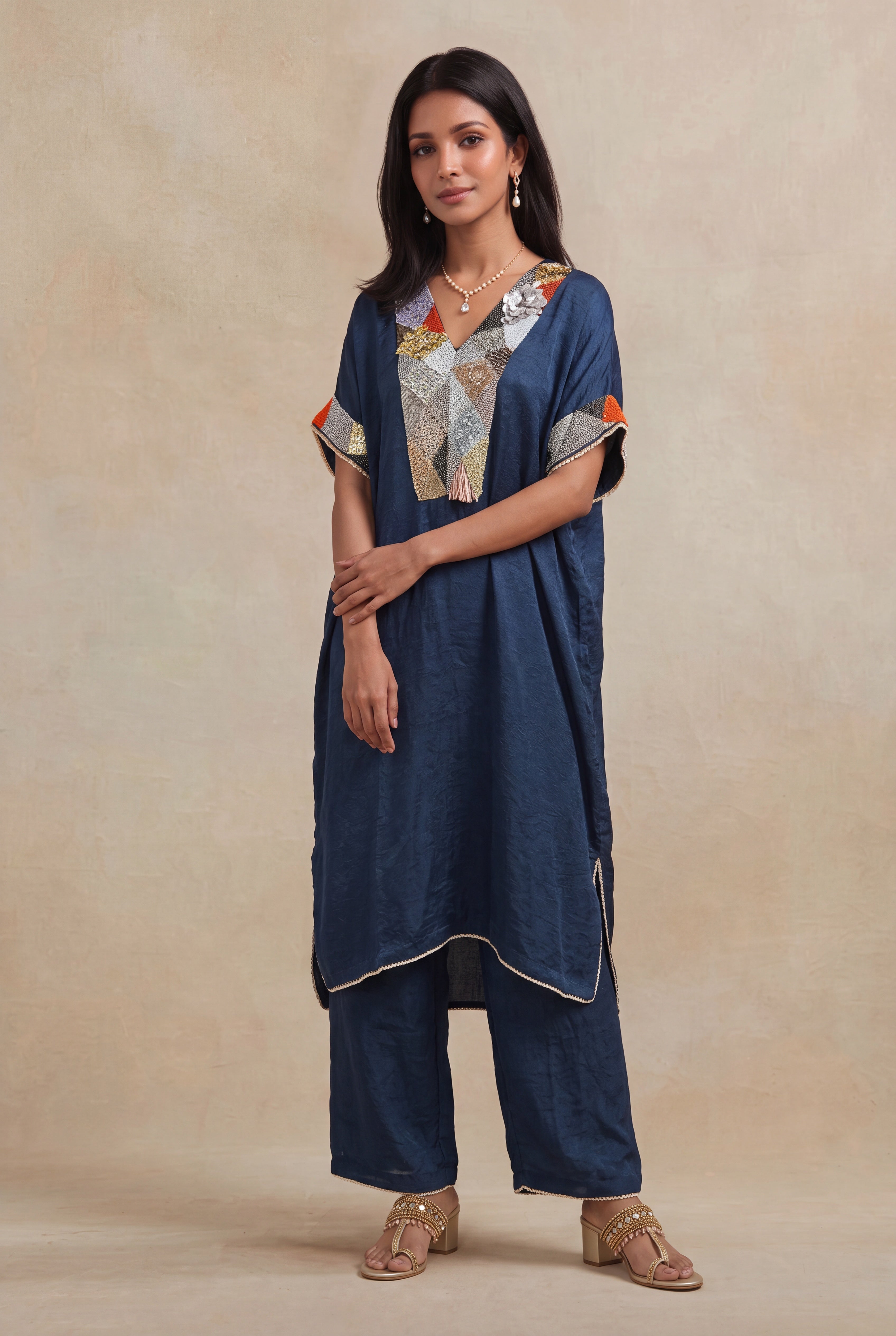 Navy Blue Soft Silk Kaftan Co-ord Set