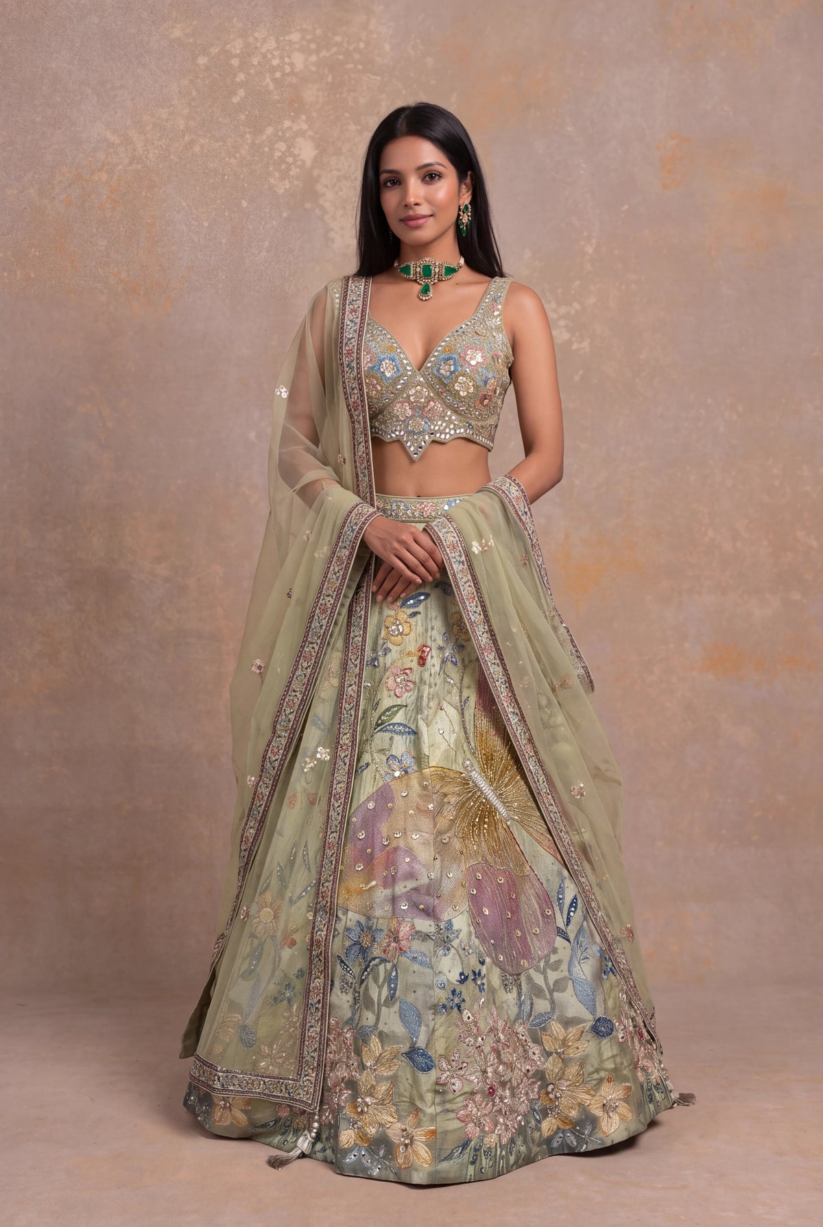 Pista Green Silk Floral Embroidered Lehenga