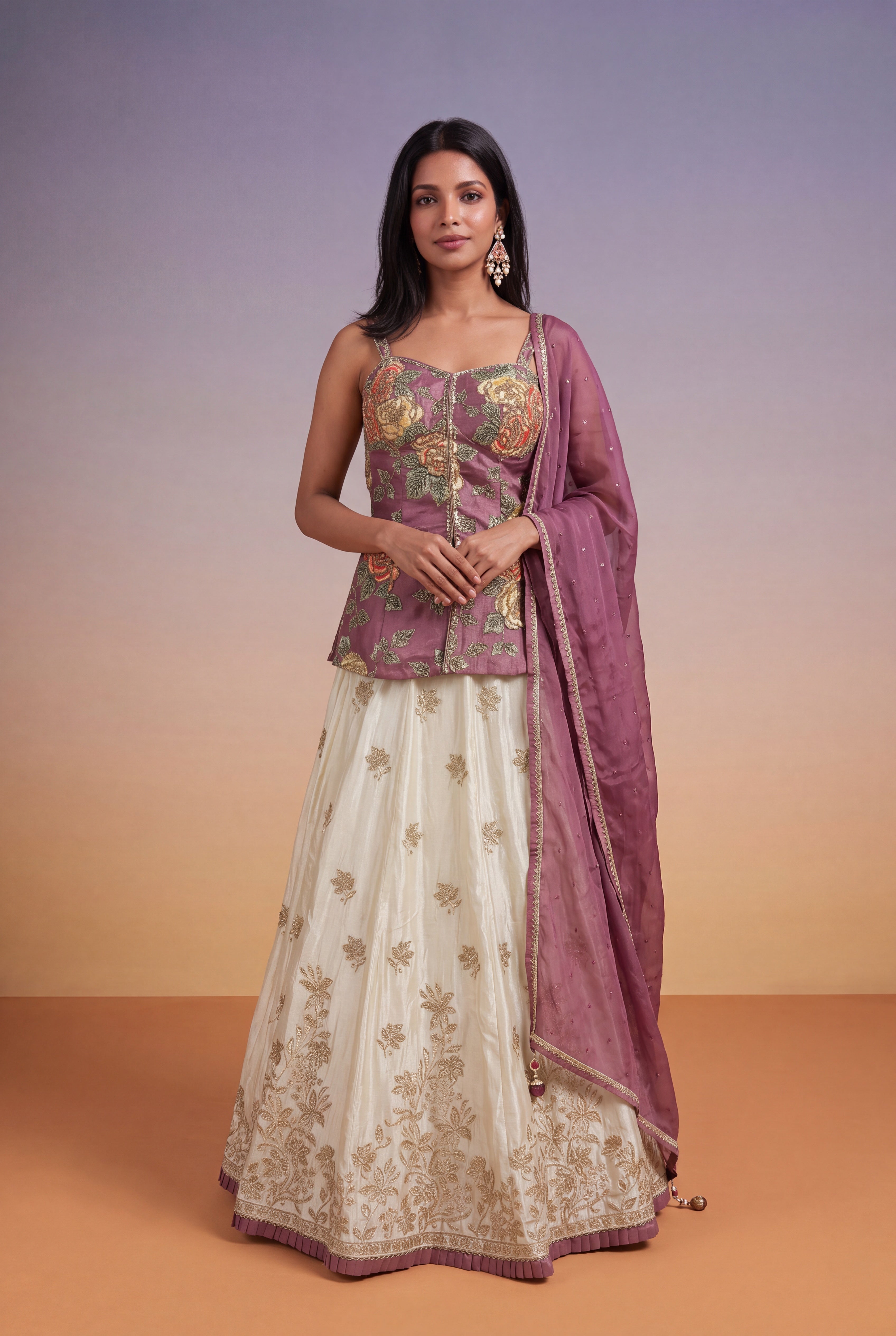 Mauve Floral Corset Peplum with Ivory Tissue Lehenga Skirt