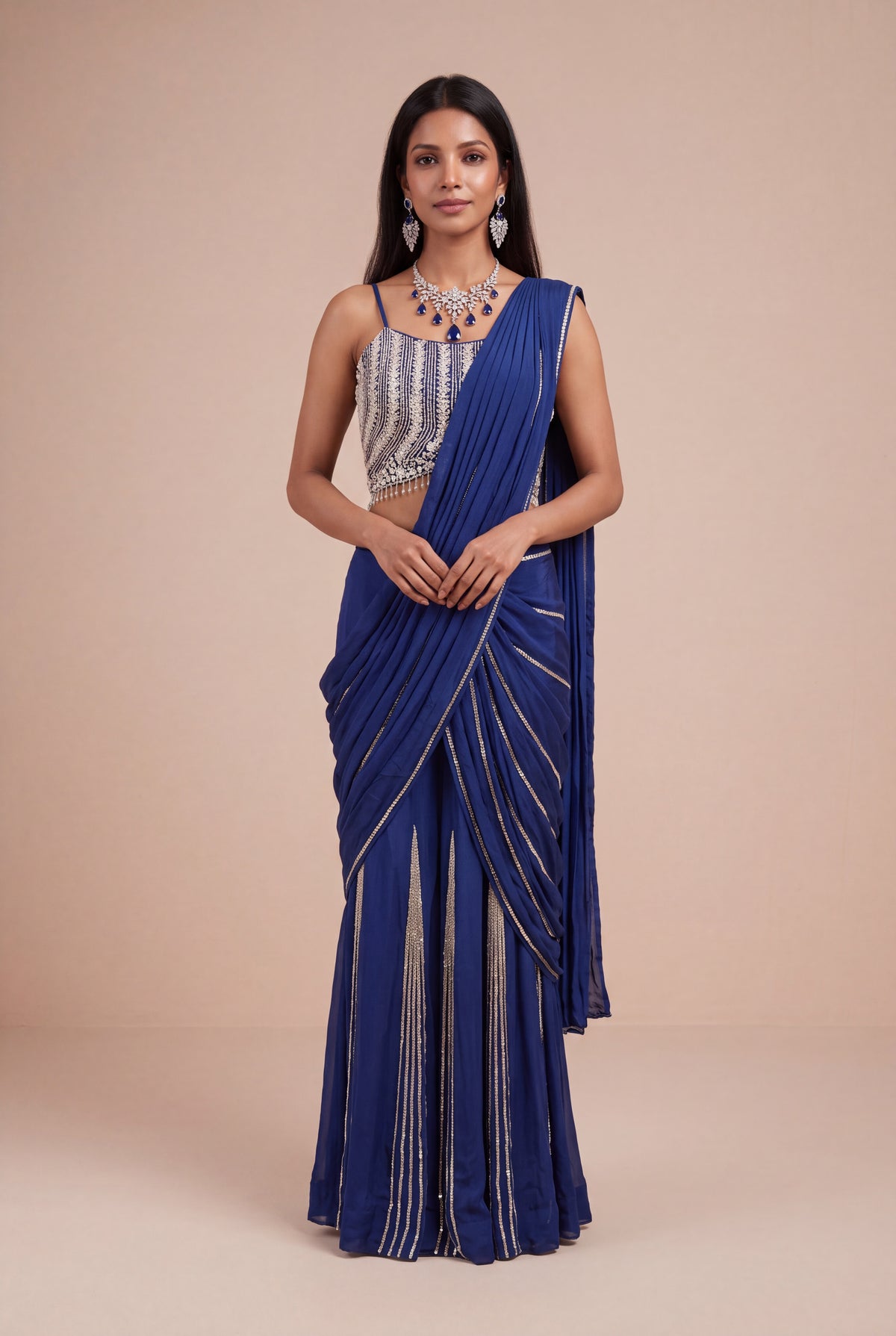 Royal Blue Chinon Crepe  Draped Saree