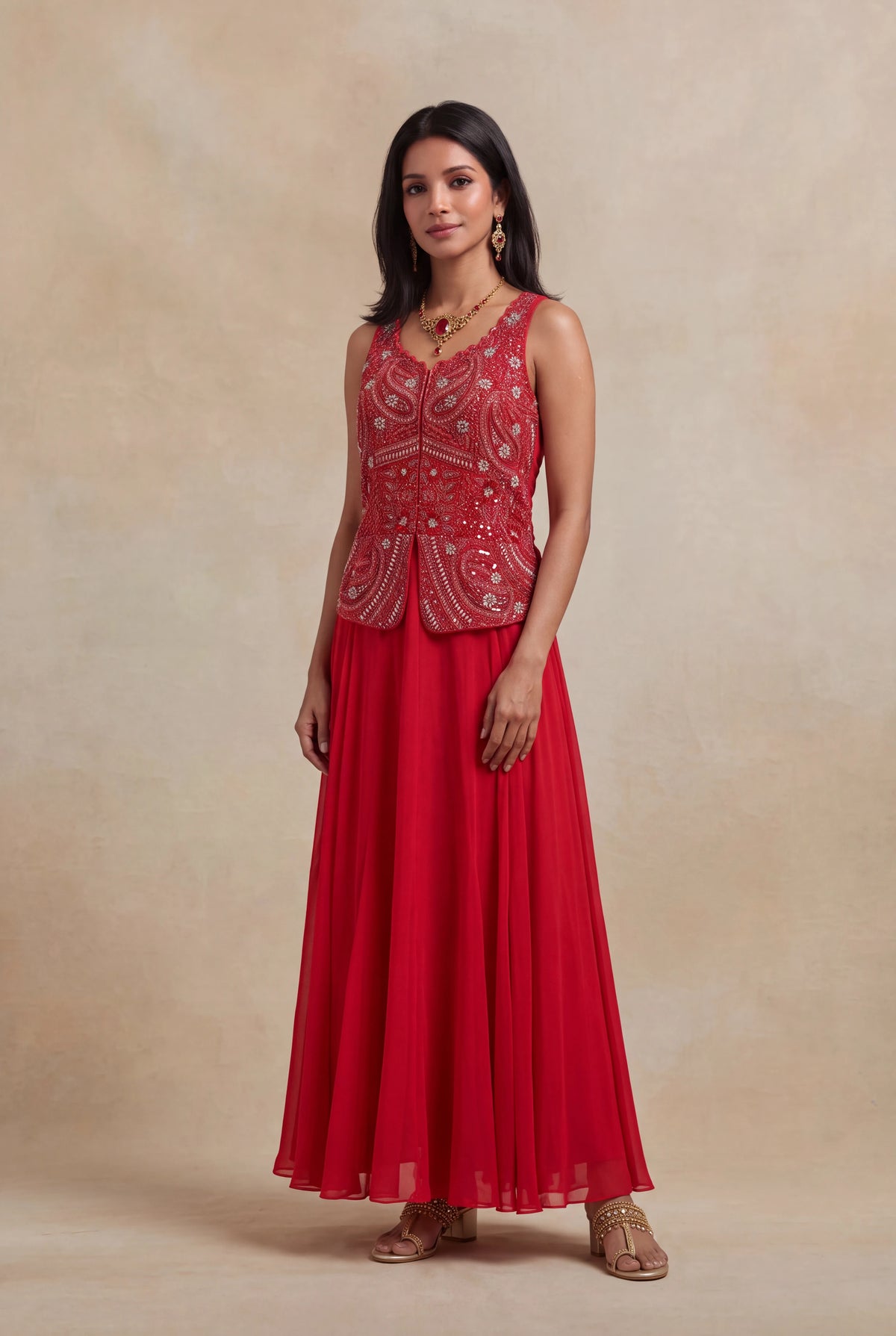 Red Sequins & Katdana Embroidered Jacket Gown