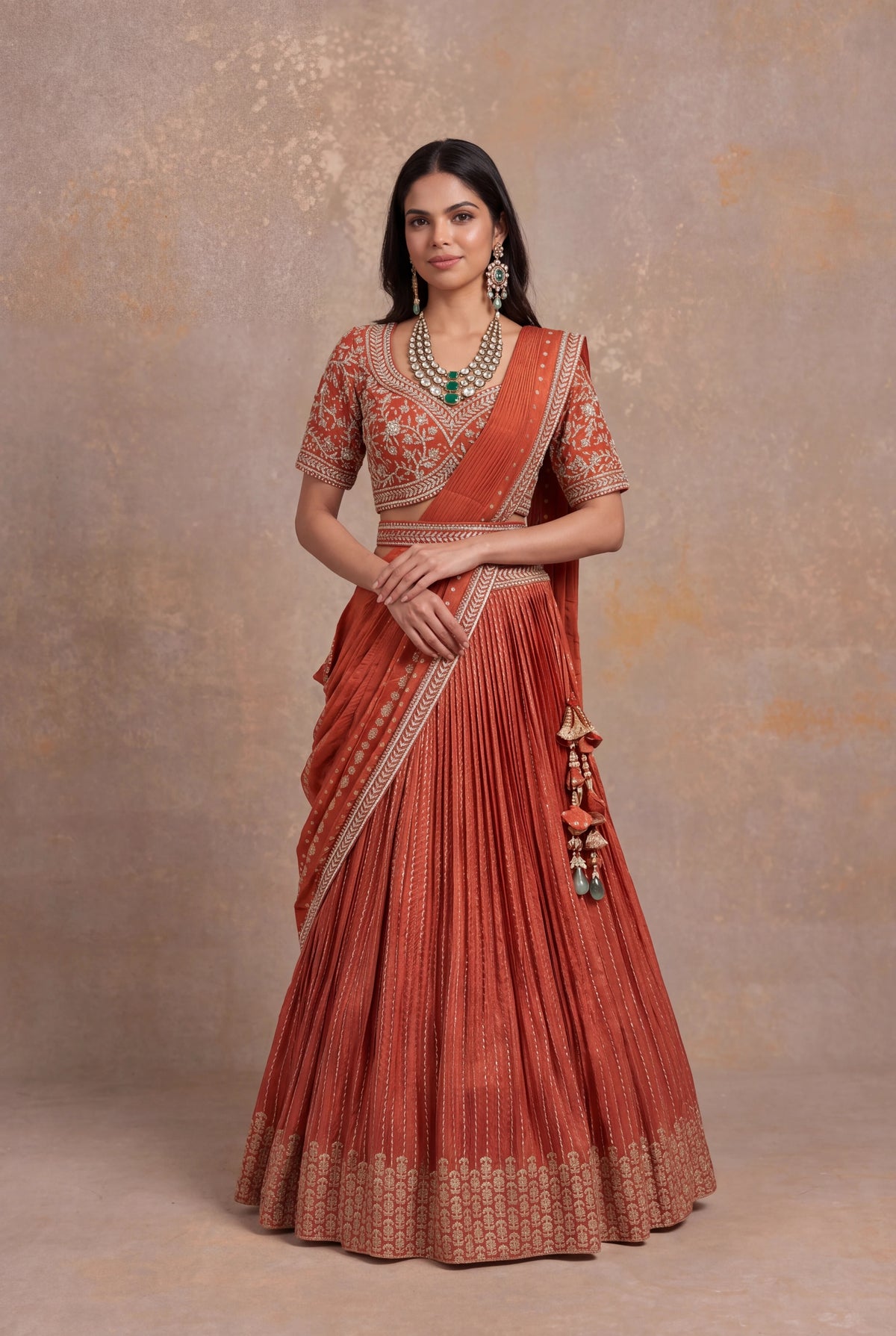 Light Orange Banarasi Draped Lehenga Set