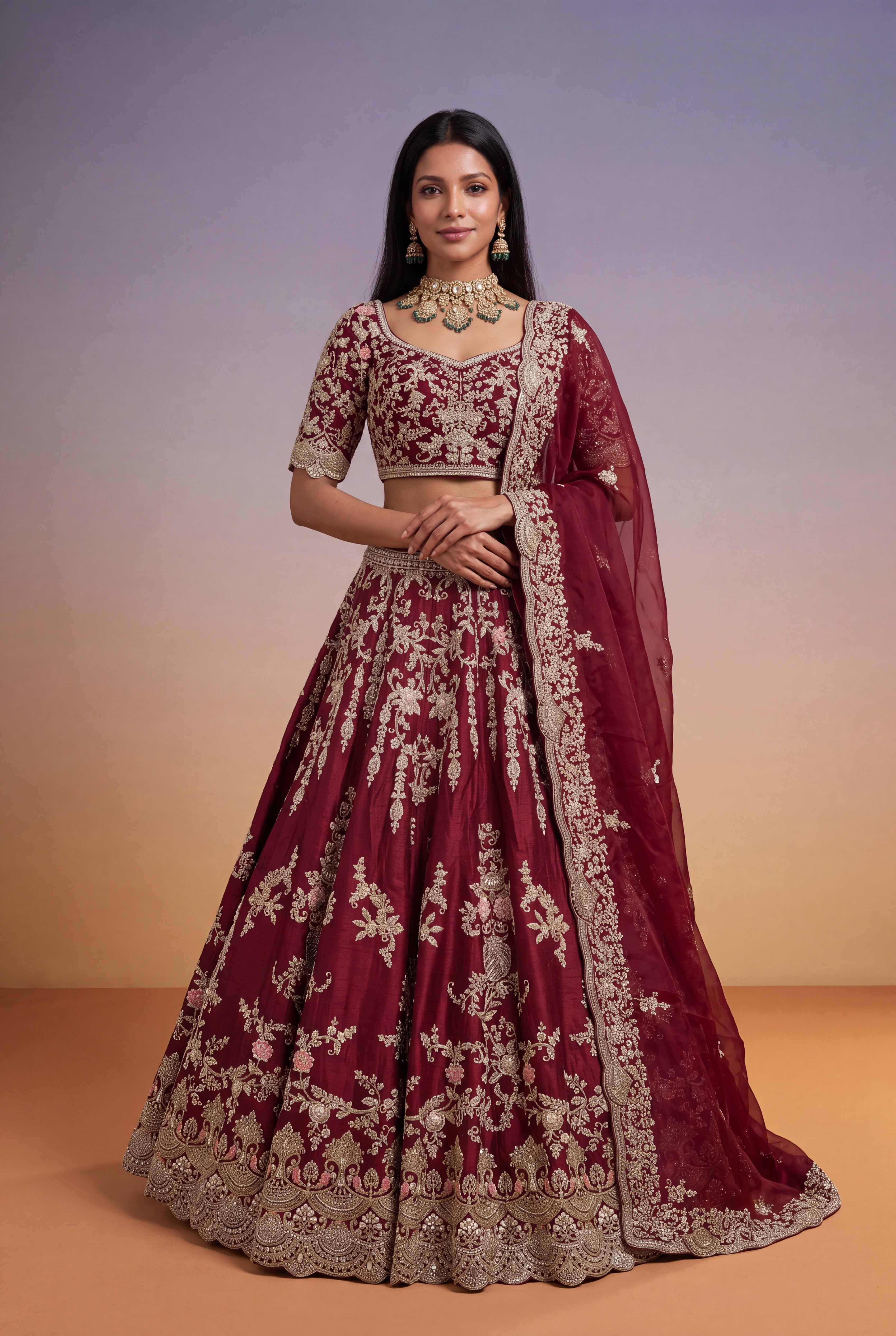 Wine Raw Silk Bridal Lehenga