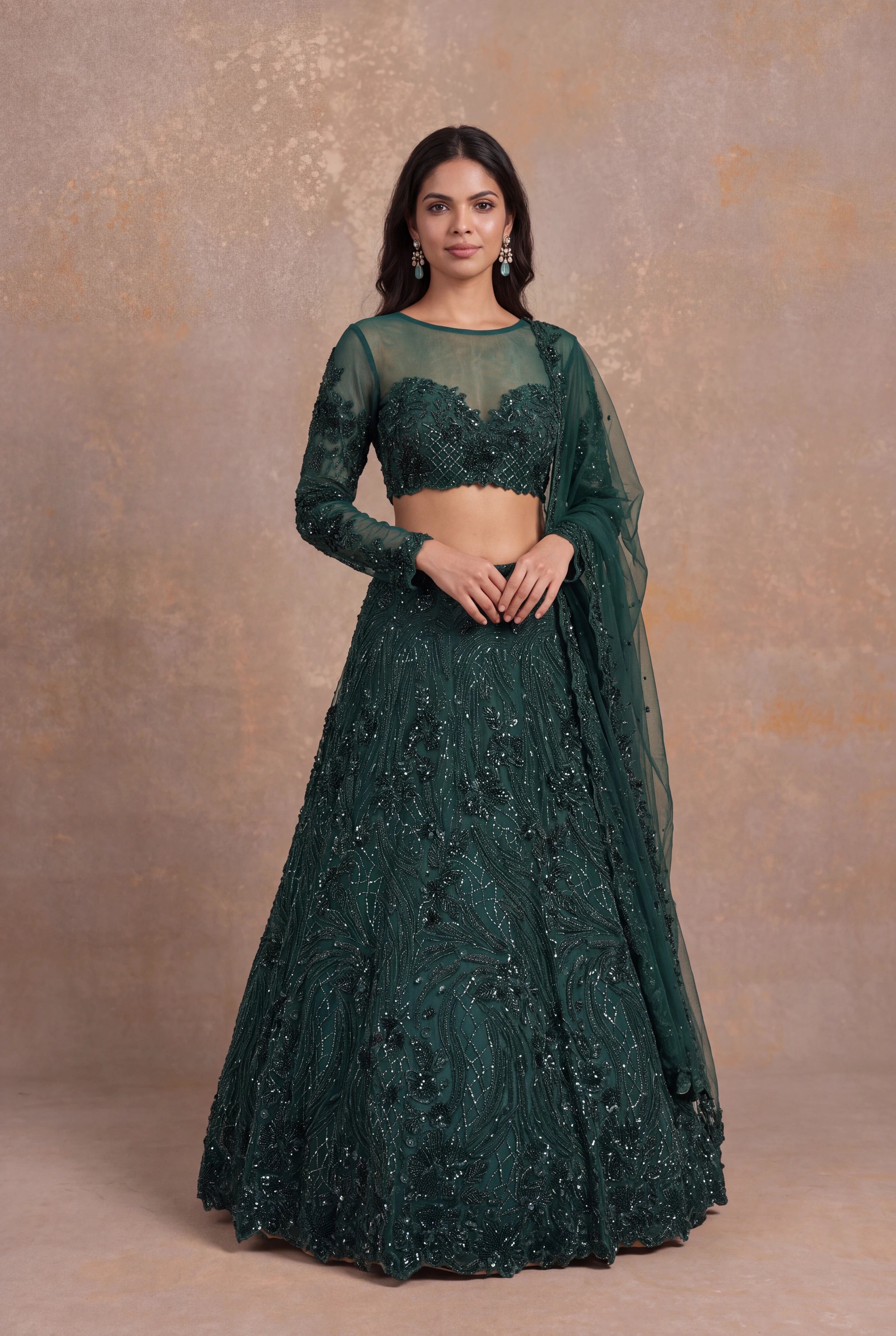 Emerald Green Net Lehenga with Sheer Sleeves and Swirling Bead Embroidery