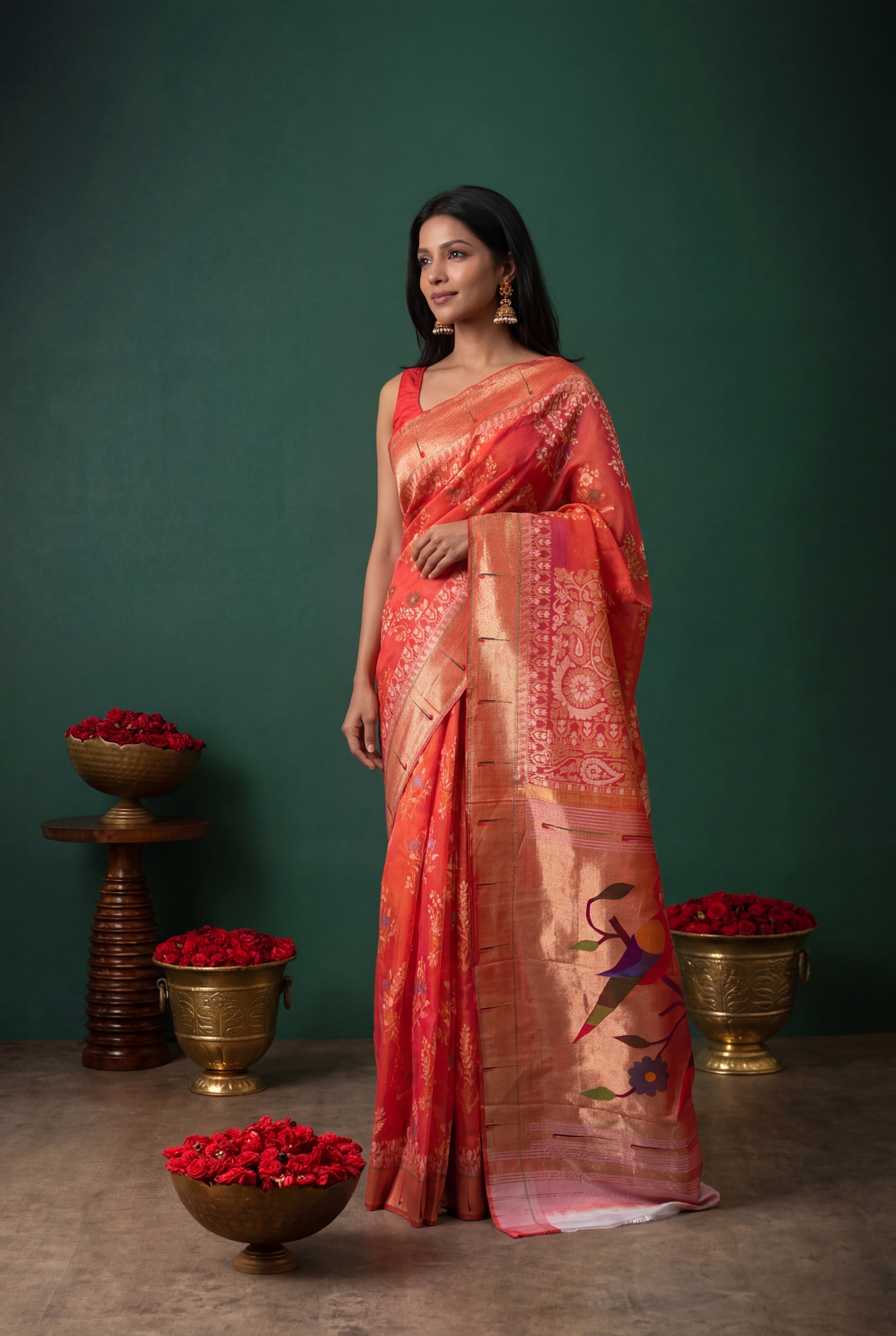Coral Pink Kora Jamdani Saree with Paithani Border