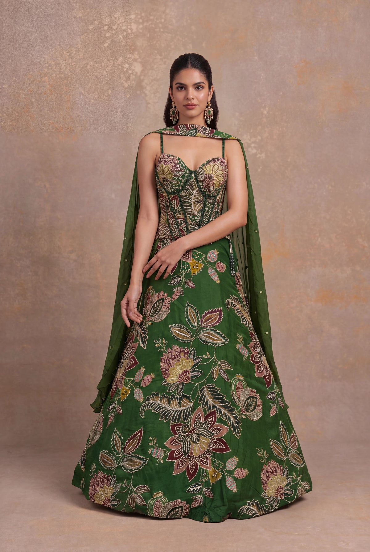 Forest Green Organza Floral Embroidered Corset Lehenga