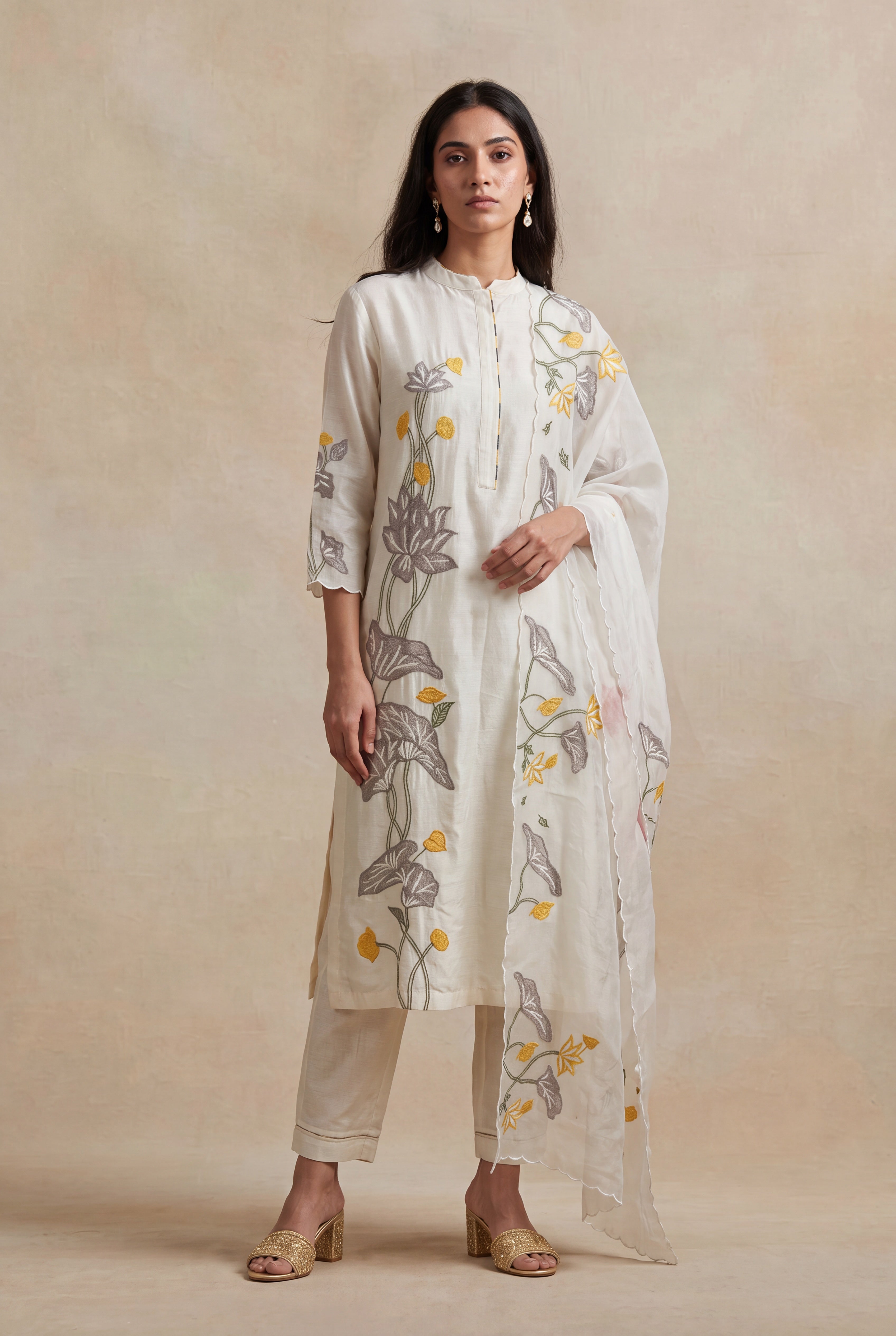 Off-White Chanderi Cotton Salwar Set with Floral Embroidery