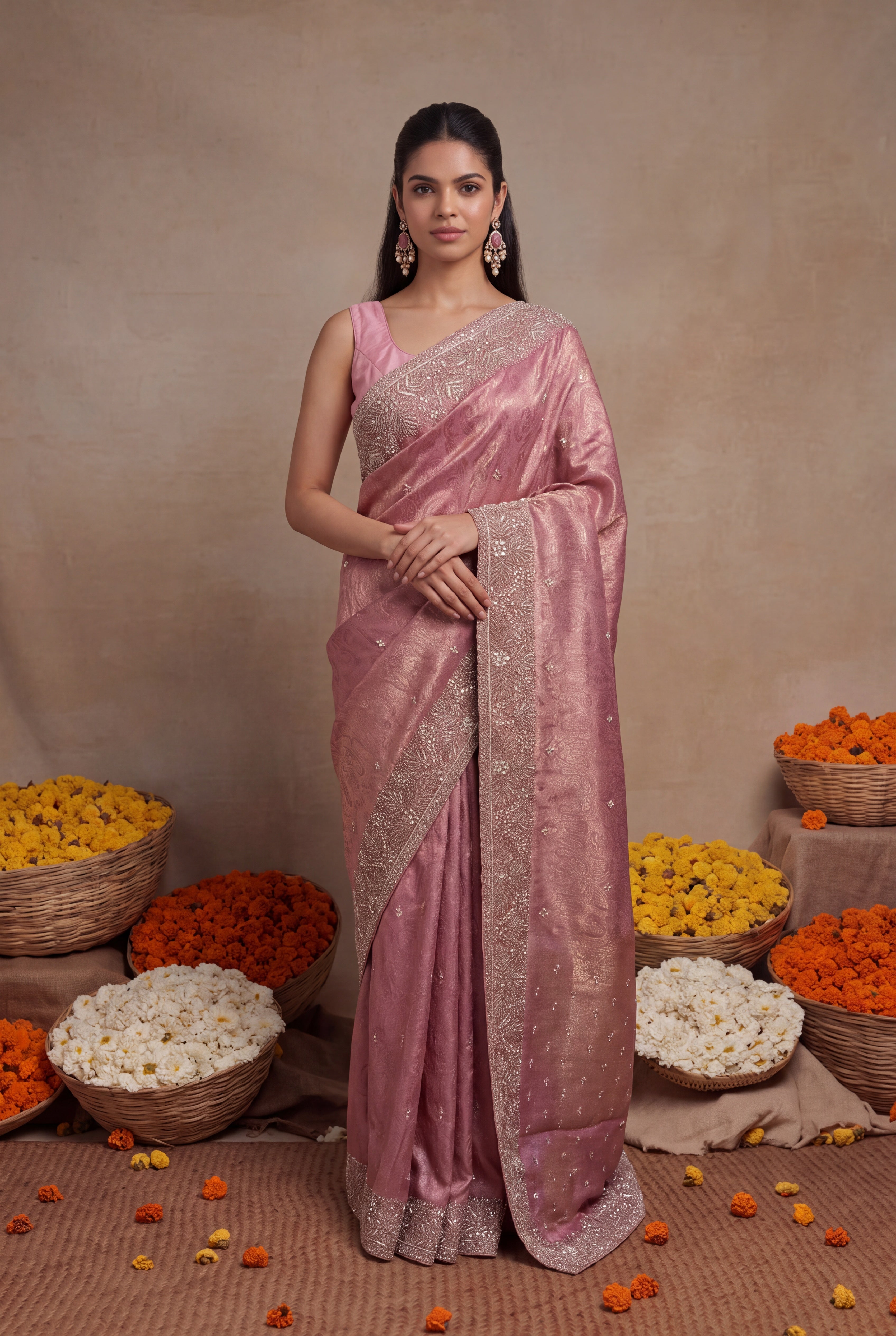 Pink Banarasi Silk Saree with Embellished Border