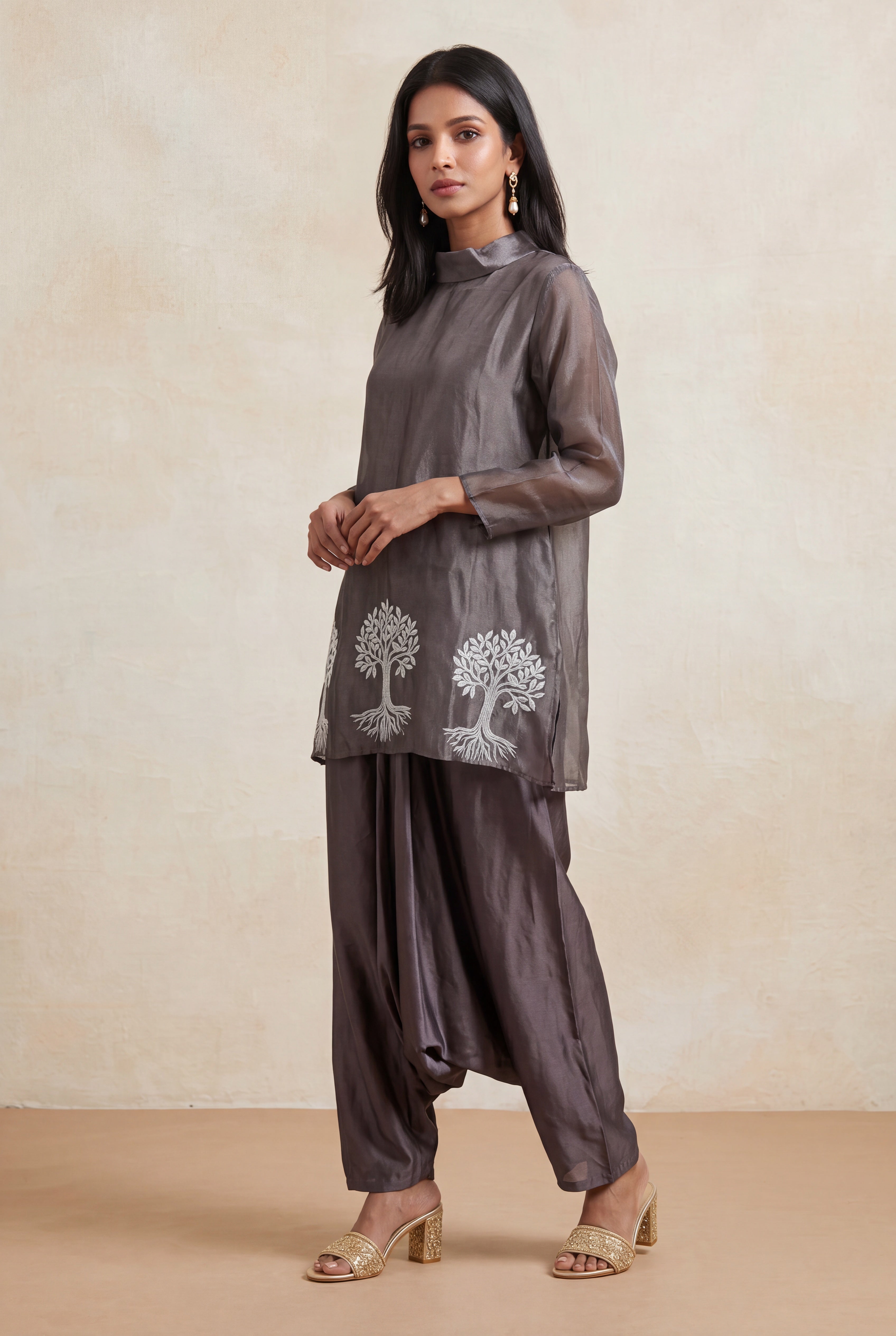 Steel Grey Tissue Indo-Western Co-Ord Set